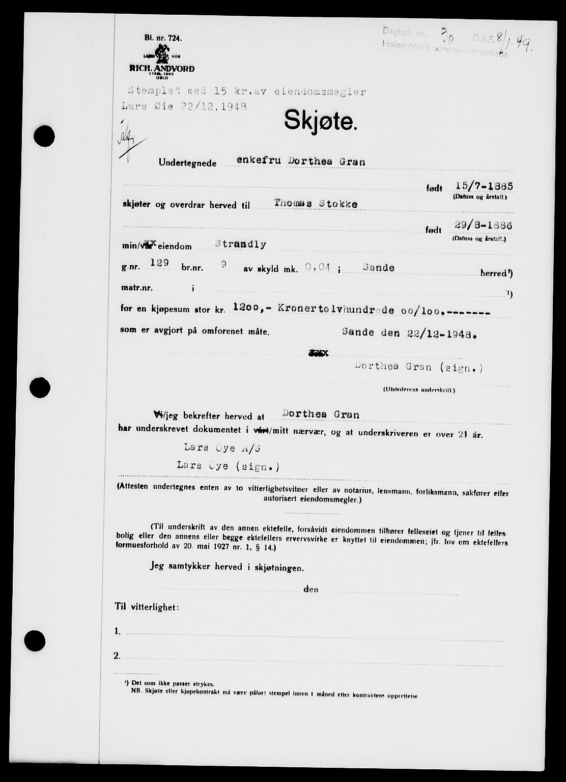 Holmestrand sorenskriveri, SAKO/A-67/G/Ga/Gaa/L0065: Pantebok nr. A-65, 1948-1949, Dagboknr: 30/1949