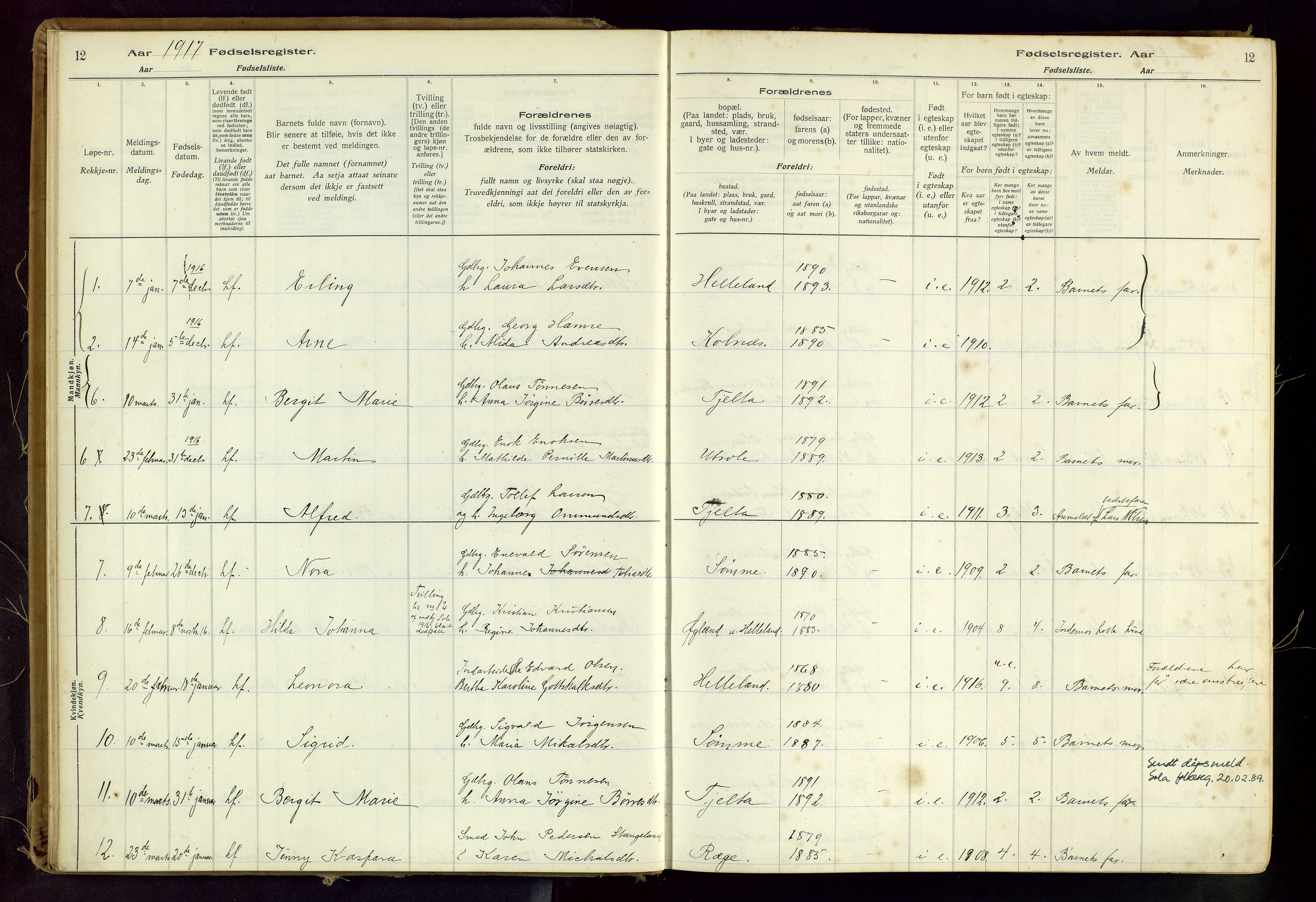 Håland sokneprestkontor, AV/SAST-A-101802/001/704BA/L0001: Fødselsregister nr. 1, 1916-1936, s. 12