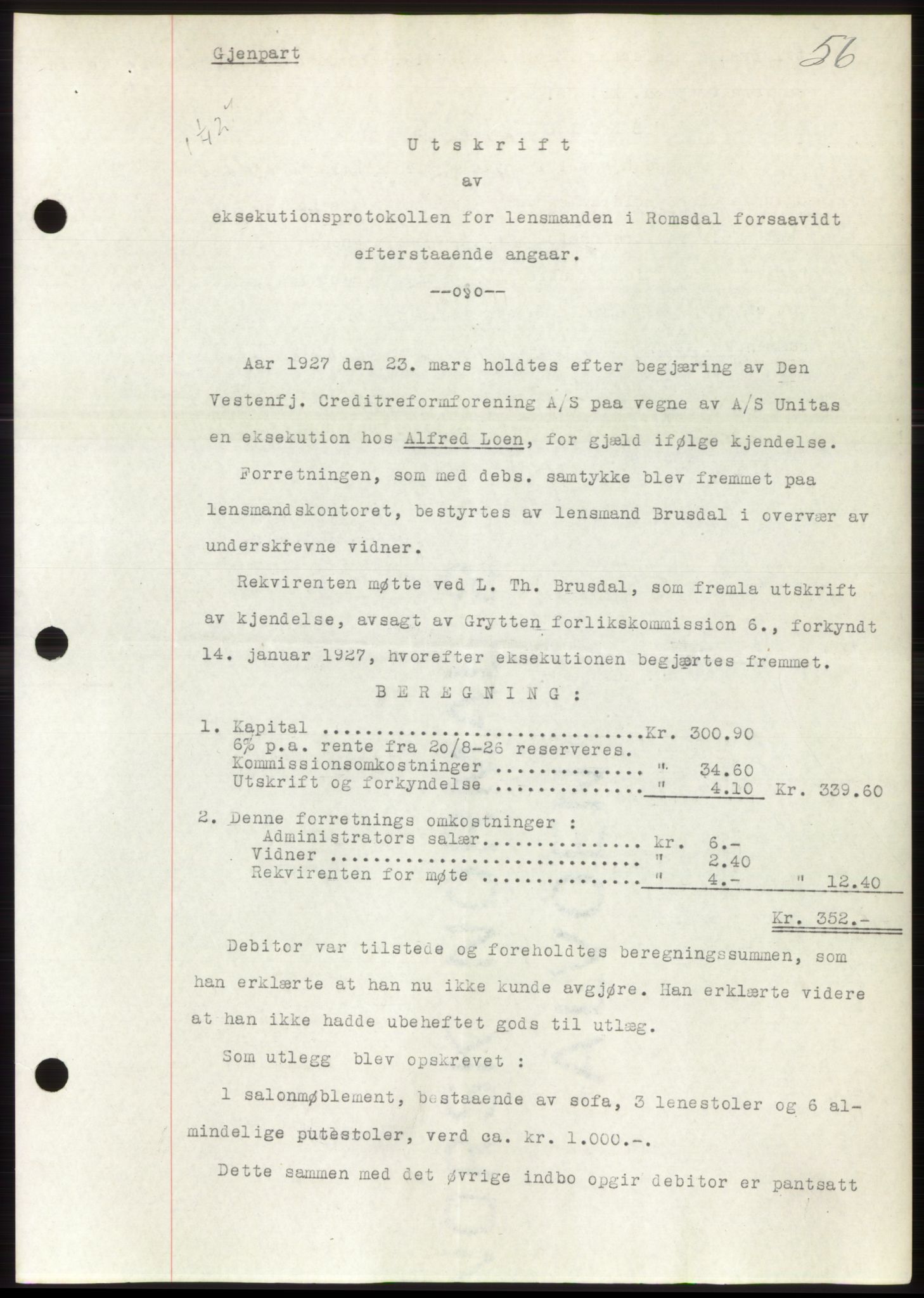 Romsdal sorenskriveri, SAT/A-4149/1/2/2C/L0052: Pantebok nr. 46, 1927-1927, Tingl.dato: 01.04.1927