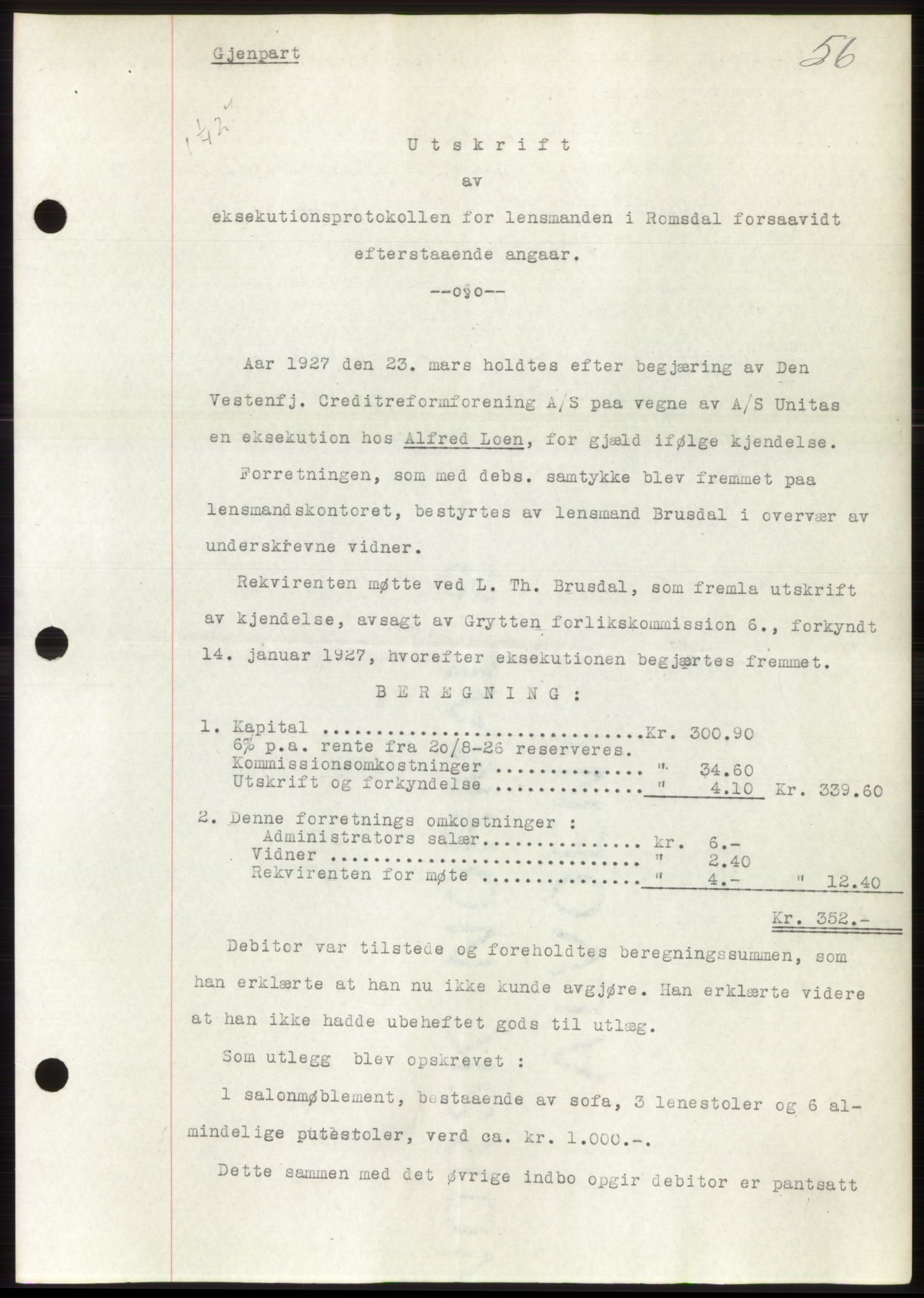 Romsdal sorenskriveri, AV/SAT-A-4149/1/2/2C/L0052: Pantebok nr. 46, 1927-1927, Tingl.dato: 01.04.1927