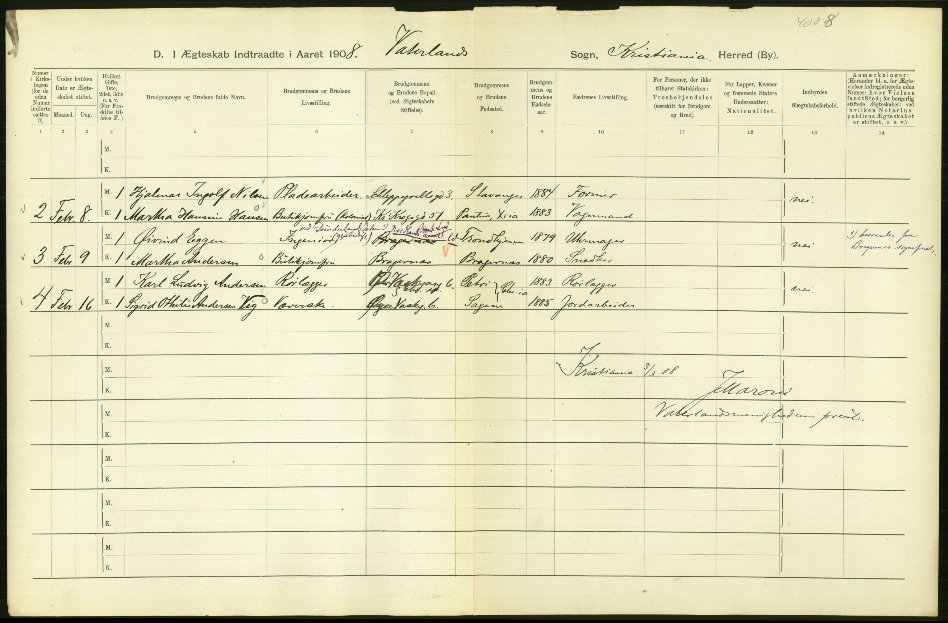 Statistisk sentralbyrå, Sosiodemografiske emner, Befolkning, AV/RA-S-2228/D/Df/Dfa/Dfaf/L0007: Kristiania: Gifte, 1908, s. 50