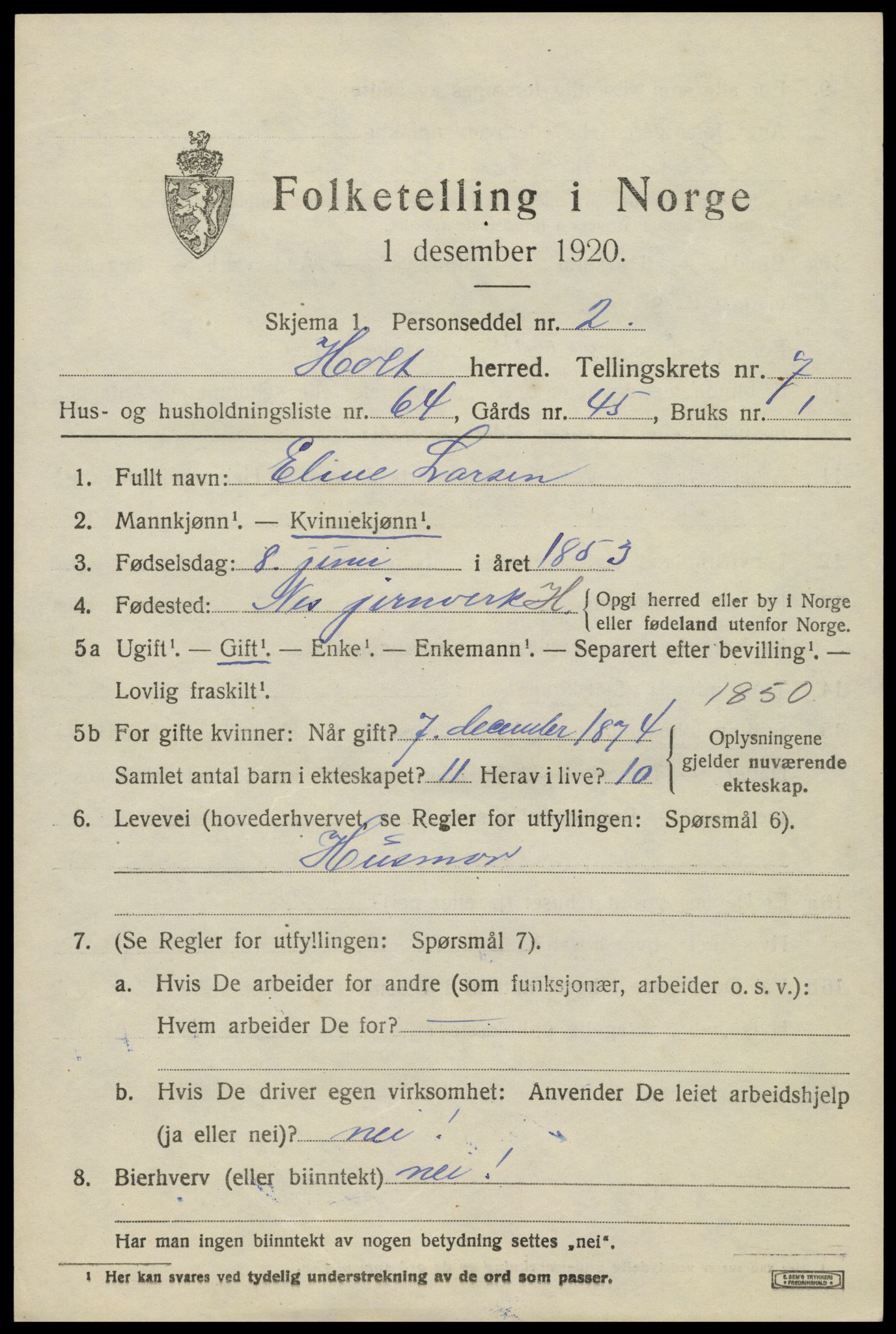SAK, Folketelling 1920 for 0914 Holt herred, 1920, s. 4902