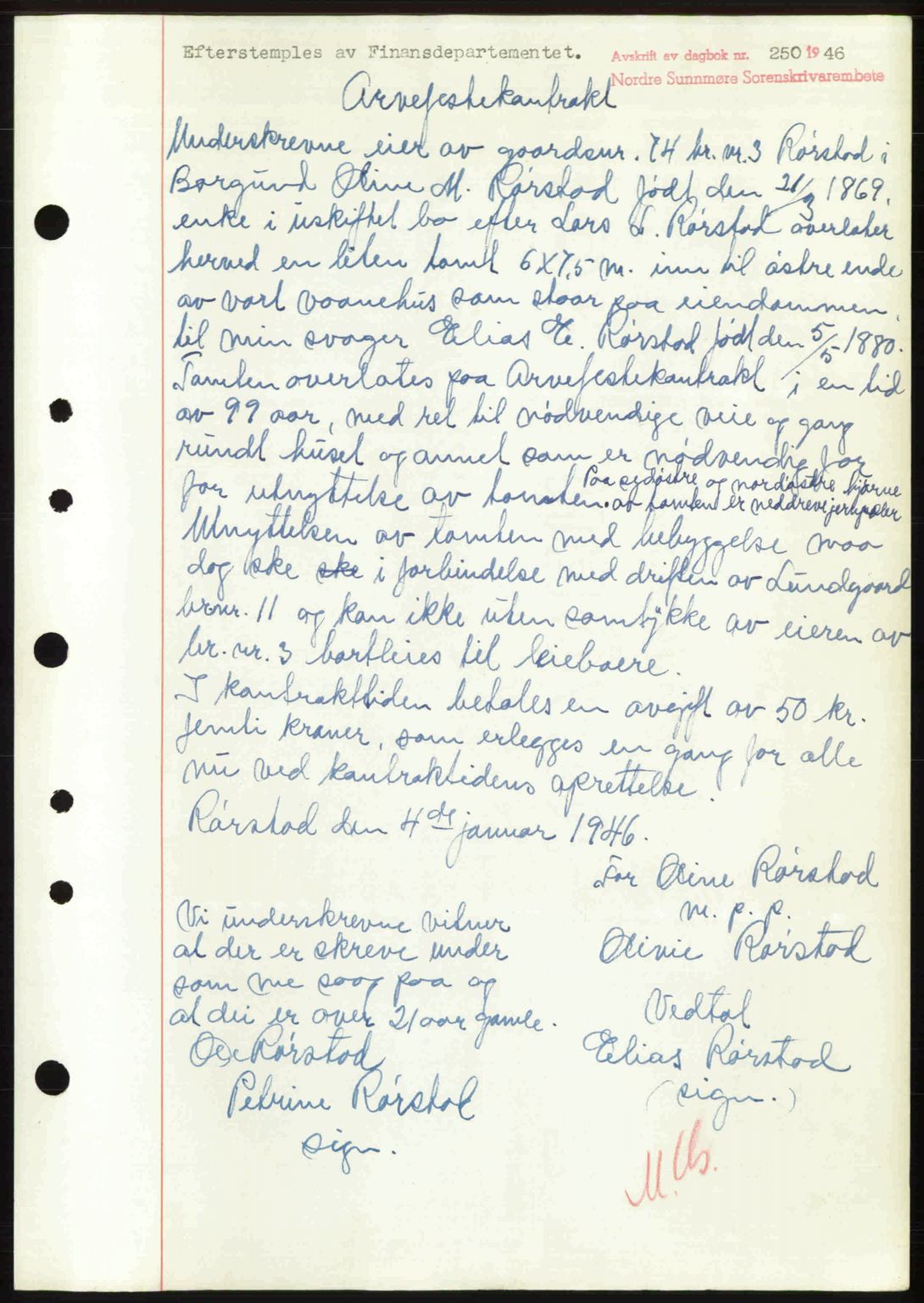 Nordre Sunnmøre sorenskriveri, AV/SAT-A-0006/1/2/2C/2Ca: Pantebok nr. A20b, 1946-1946, Dagboknr: 250/1946