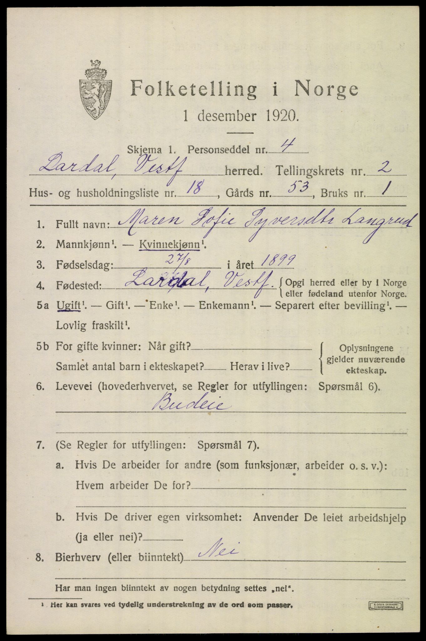 SAKO, Folketelling 1920 for 0728 Lardal herred, 1920, s. 2179
