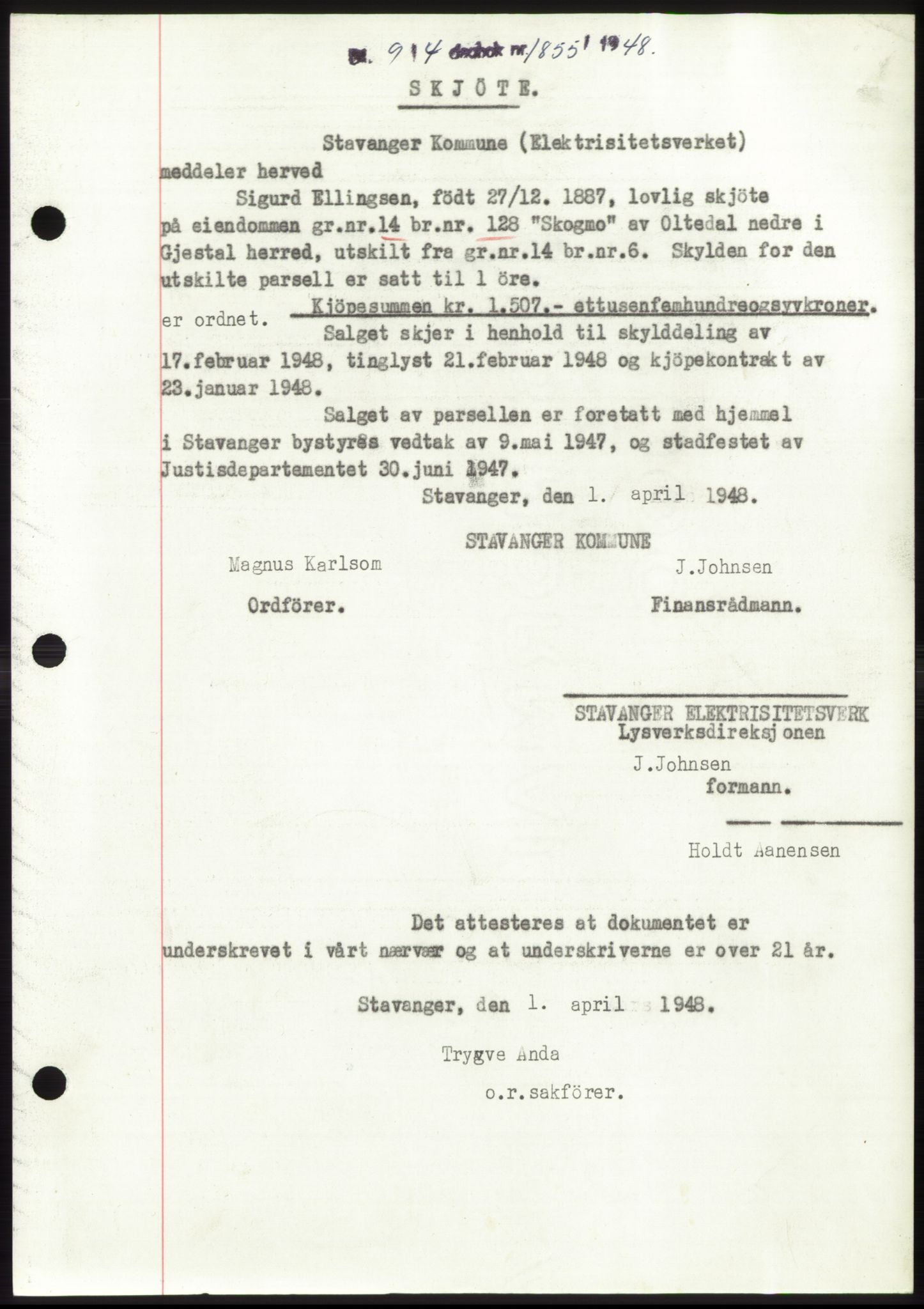 Jæren sorenskriveri, SAST/A-100310/03/G/Gba/L0098: Pantebok, 1948-1948, Dagboknr: 1855/1948