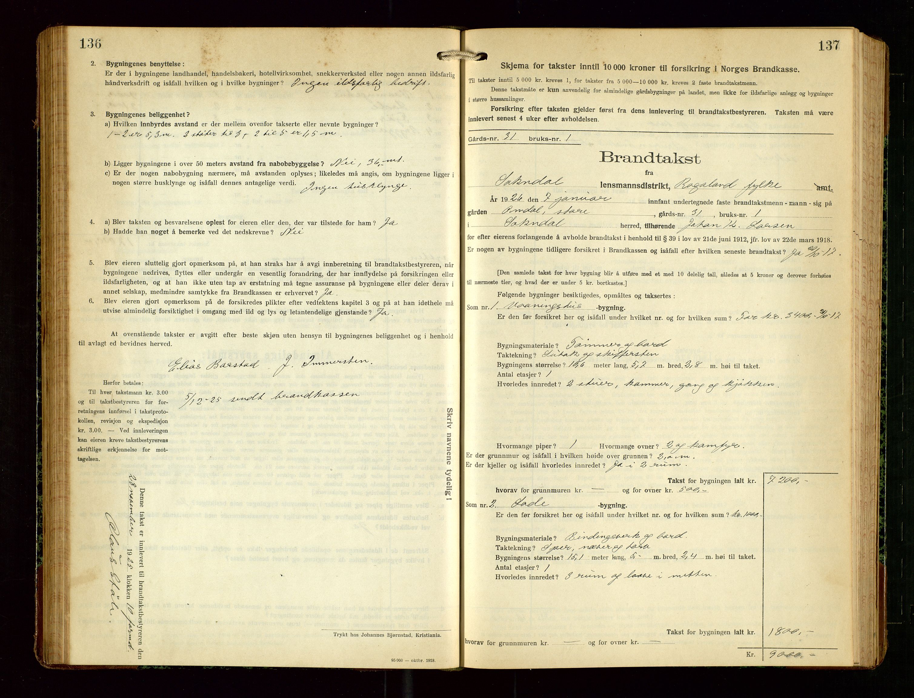Sokndal lensmannskontor, SAST/A-100417/Gob/L0006: "Brandtakst-Protokol", 1924-1930, s. 136-137