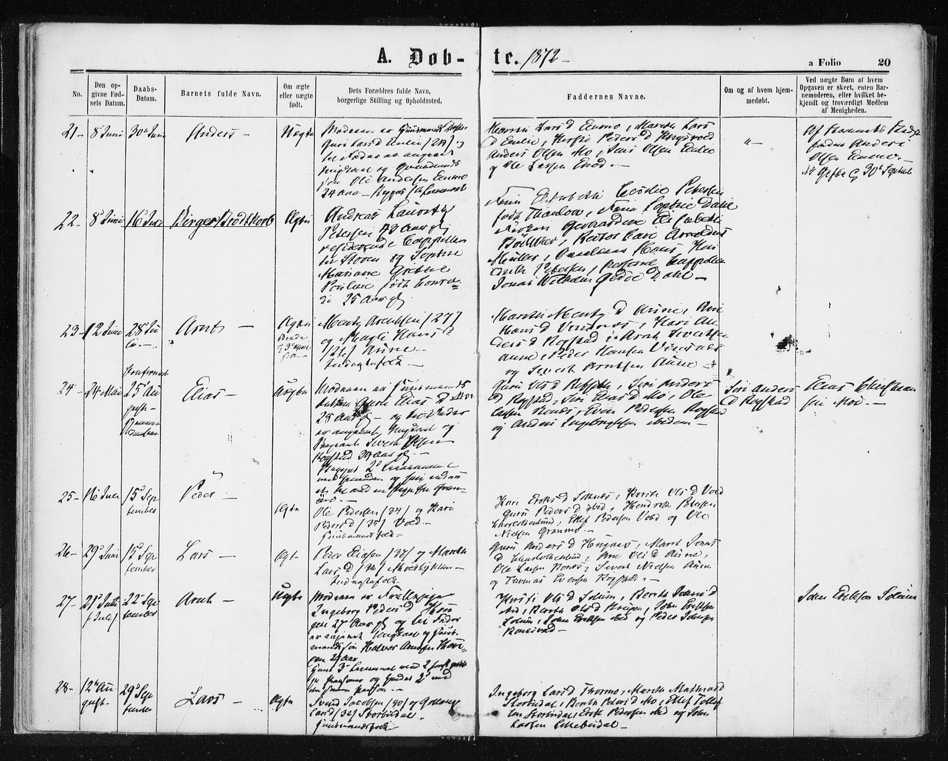 Ministerialprotokoller, klokkerbøker og fødselsregistre - Sør-Trøndelag, SAT/A-1456/687/L1001: Ministerialbok nr. 687A07, 1863-1878, s. 20
