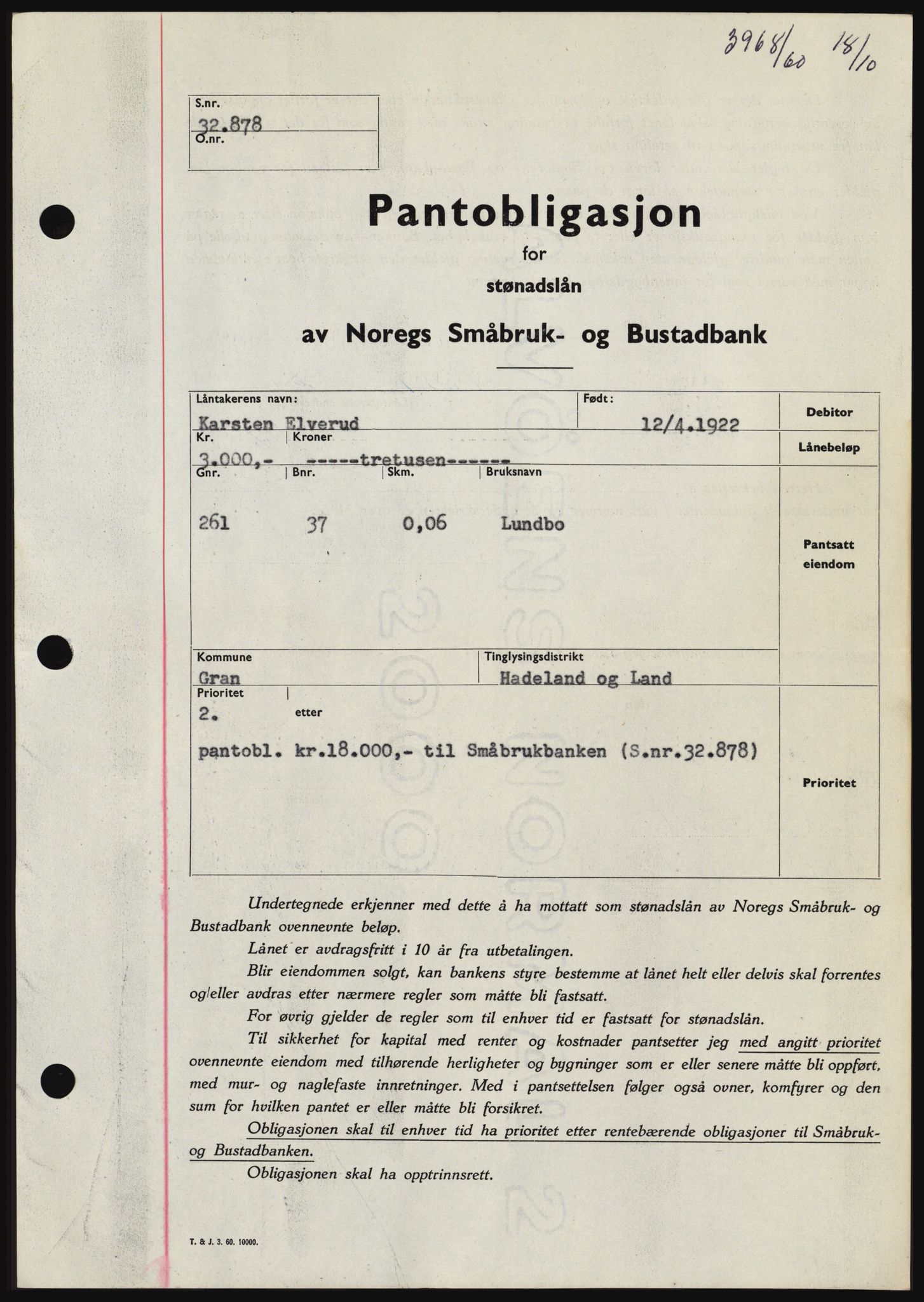 Hadeland og Land tingrett, SAH/TING-010/H/Hb/Hbc/L0044: Pantebok nr. B44, 1960-1961, Dagboknr: 3968/1960