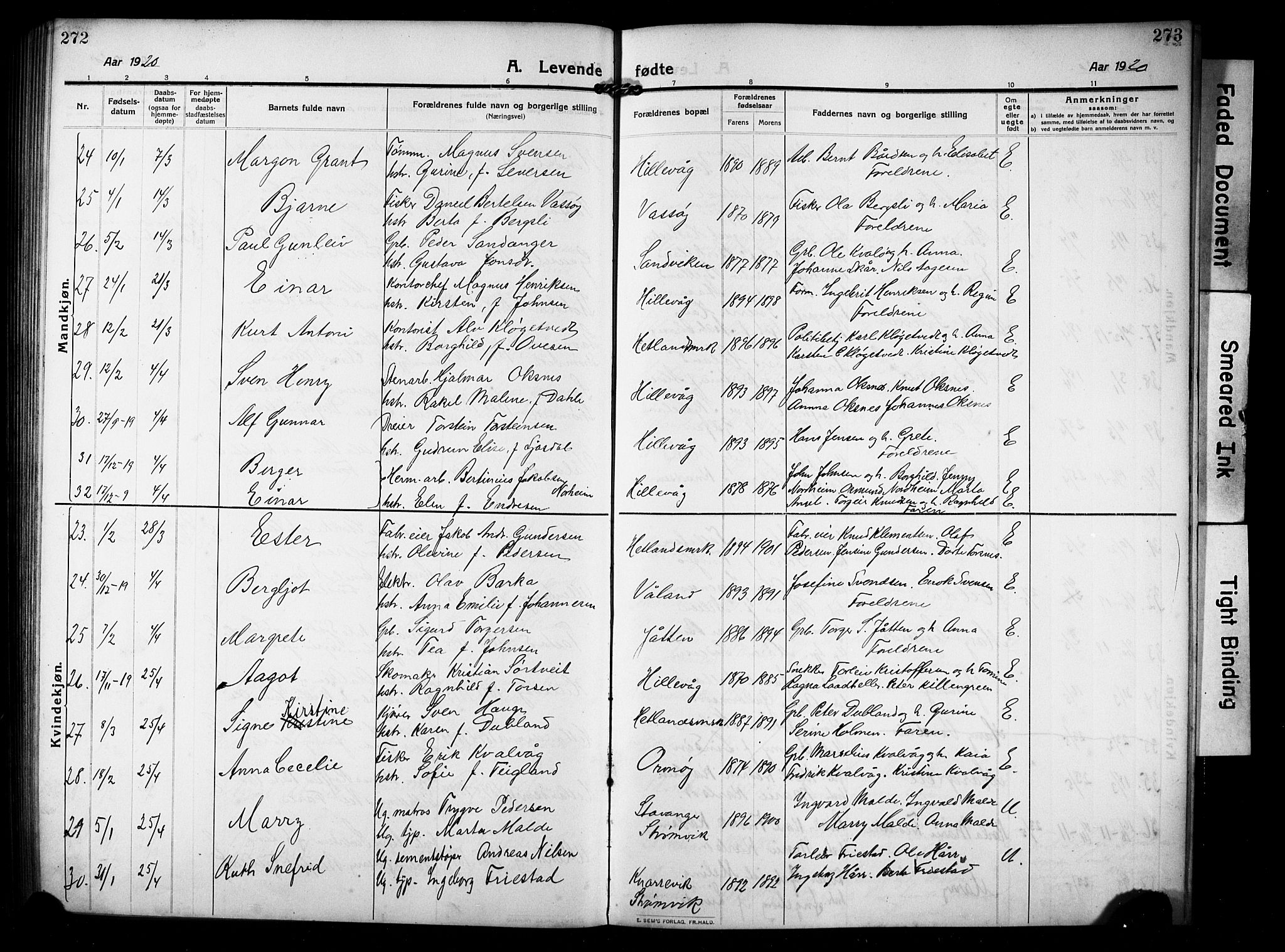 Hetland sokneprestkontor, AV/SAST-A-101826/30/30BB/L0008: Klokkerbok nr. B 8, 1910-1921, s. 272-273