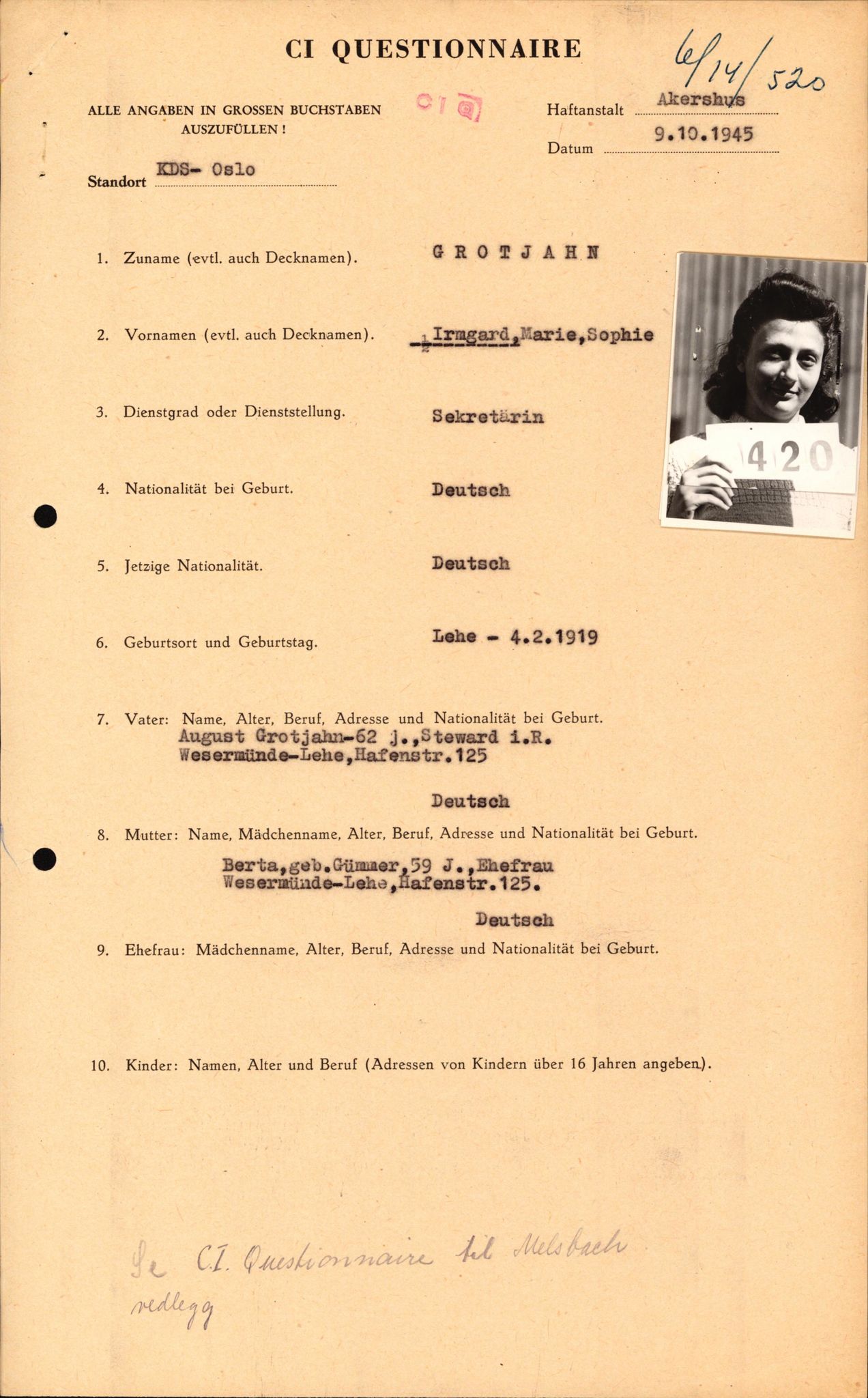 Forsvaret, Forsvarets overkommando II, RA/RAFA-3915/D/Db/L0010: CI Questionaires. Tyske okkupasjonsstyrker i Norge. Tyskere., 1945-1946, s. 384