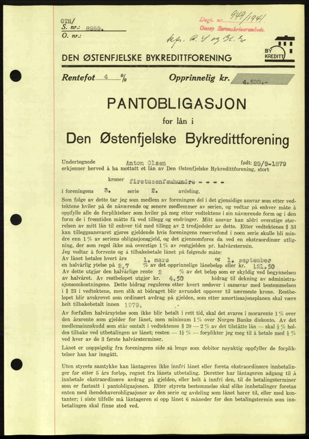 Onsøy sorenskriveri, SAO/A-10474/G/Ga/Gac/L0003: Pantebok nr. B3, 1940-1944, Dagboknr: 949/1941