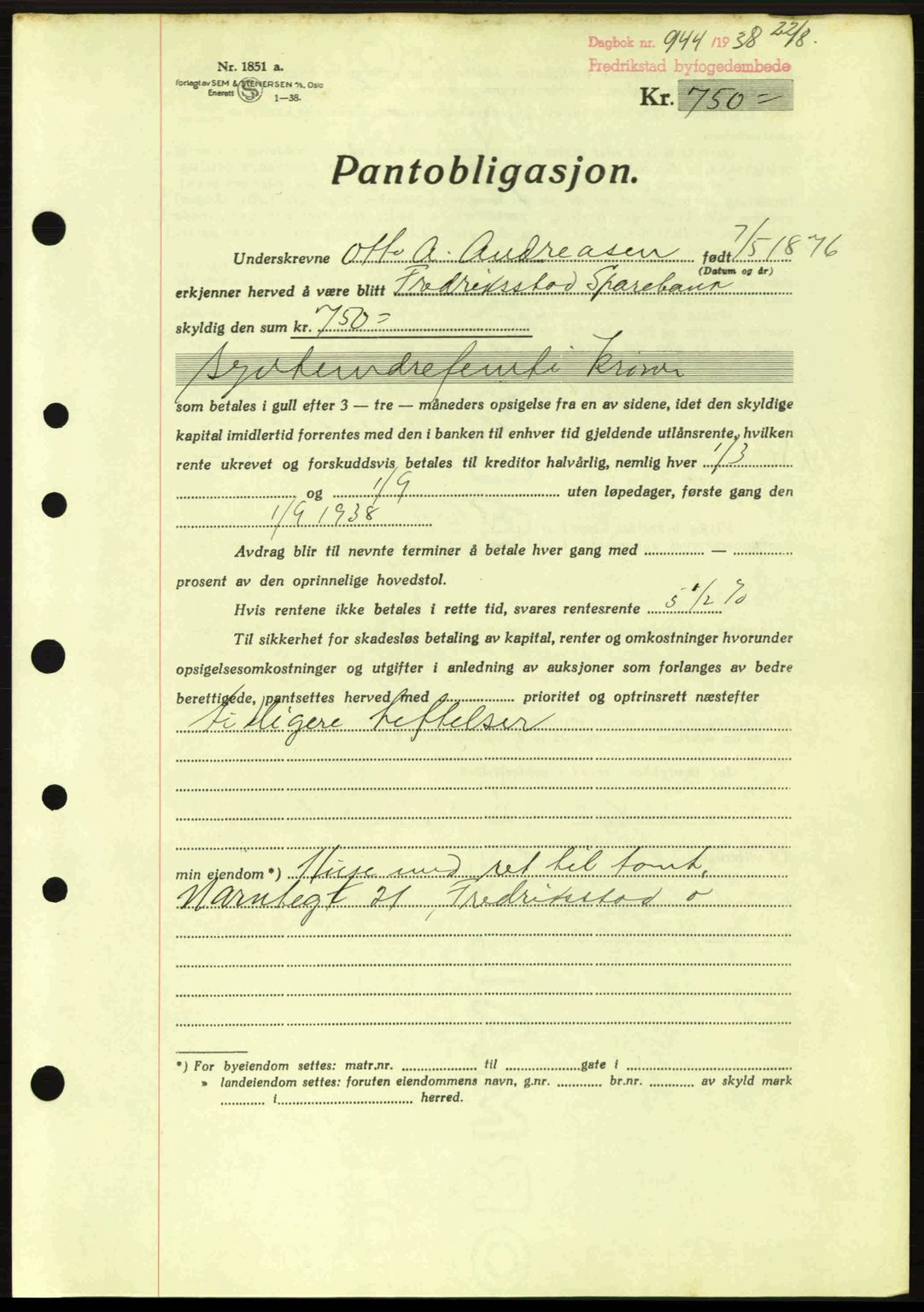 Fredrikstad byfogd, SAO/A-10473a/G/Ga/Gad/L0002: Pantebok nr. B2, 1938-1939, Dagboknr: 944/1938