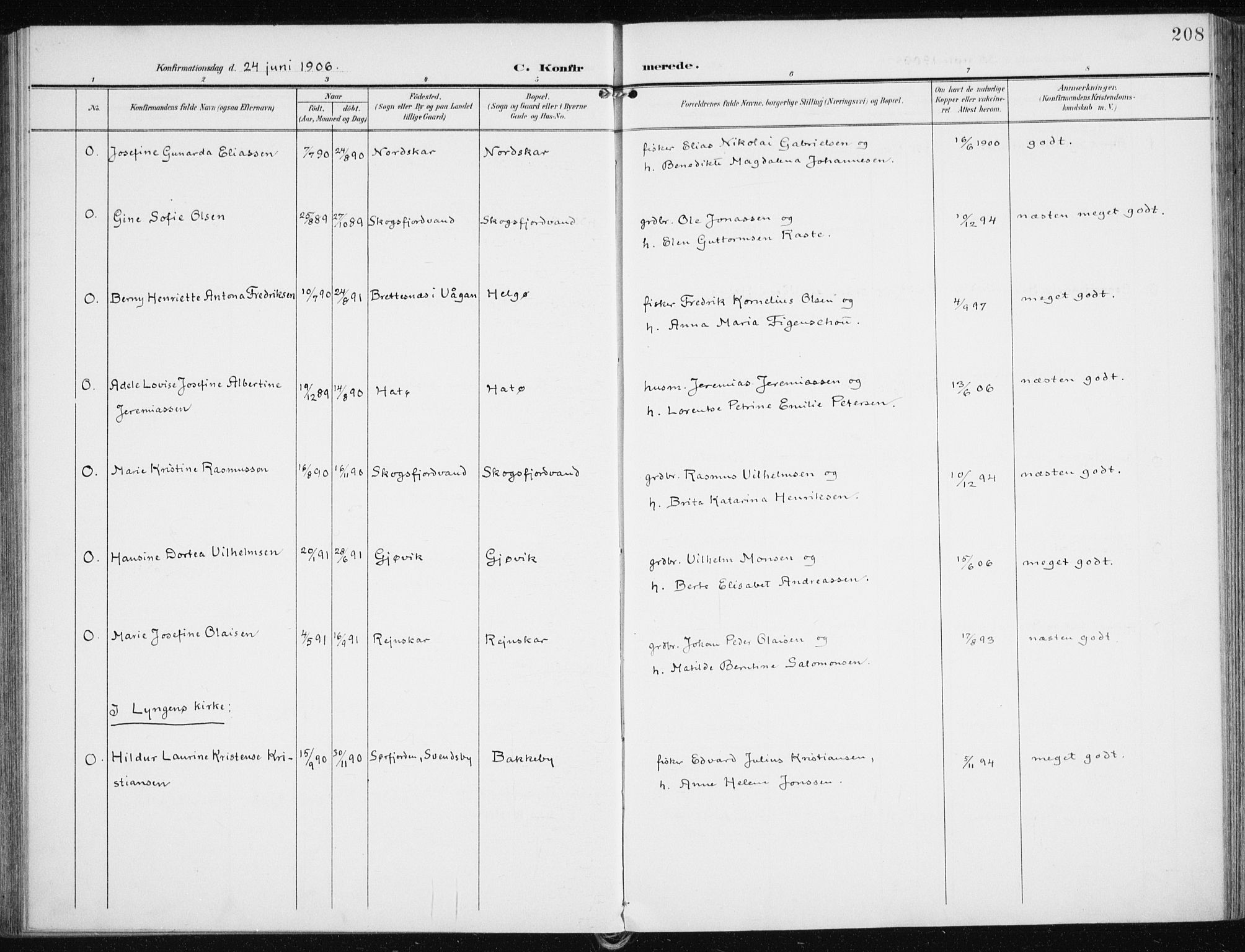 Karlsøy sokneprestembete, AV/SATØ-S-1299/H/Ha/Haa/L0014kirke: Ministerialbok nr. 14, 1903-1917, s. 208