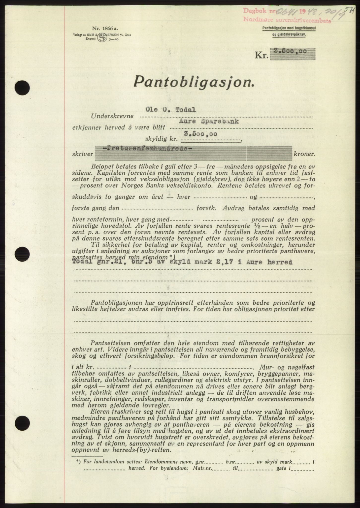 Nordmøre sorenskriveri, SAT/A-4132/1/2/2Ca: Pantebok nr. B99, 1948-1948, Dagboknr: 2641/1948