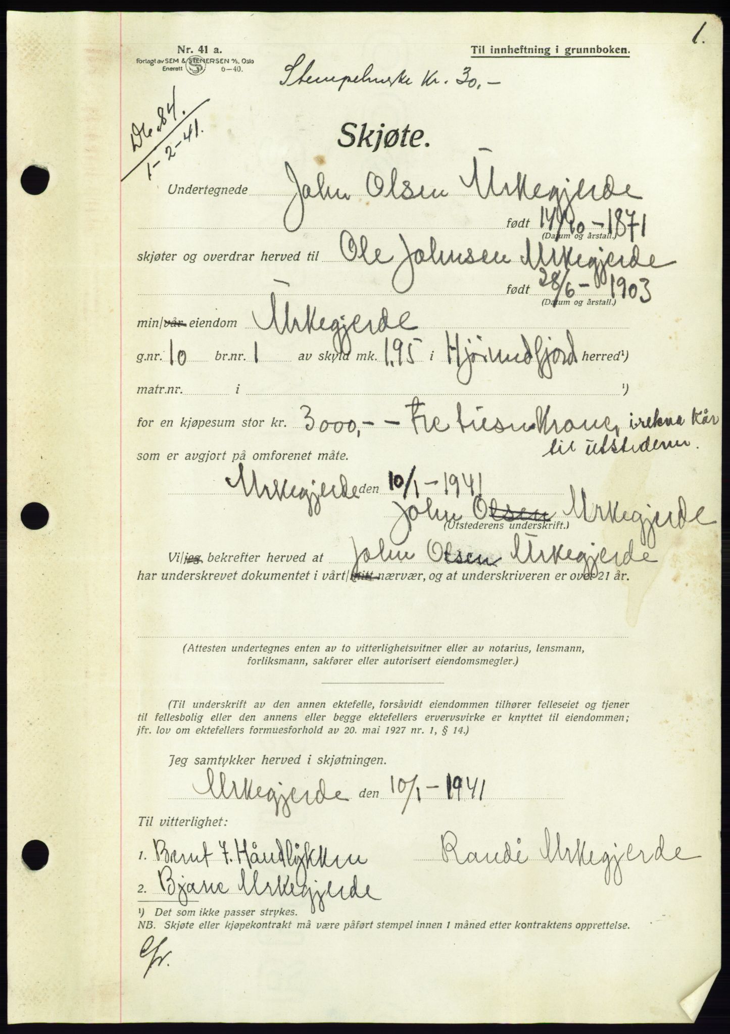 Søre Sunnmøre sorenskriveri, AV/SAT-A-4122/1/2/2C/L0071: Pantebok nr. 65, 1941-1941, Dagboknr: 84/1941