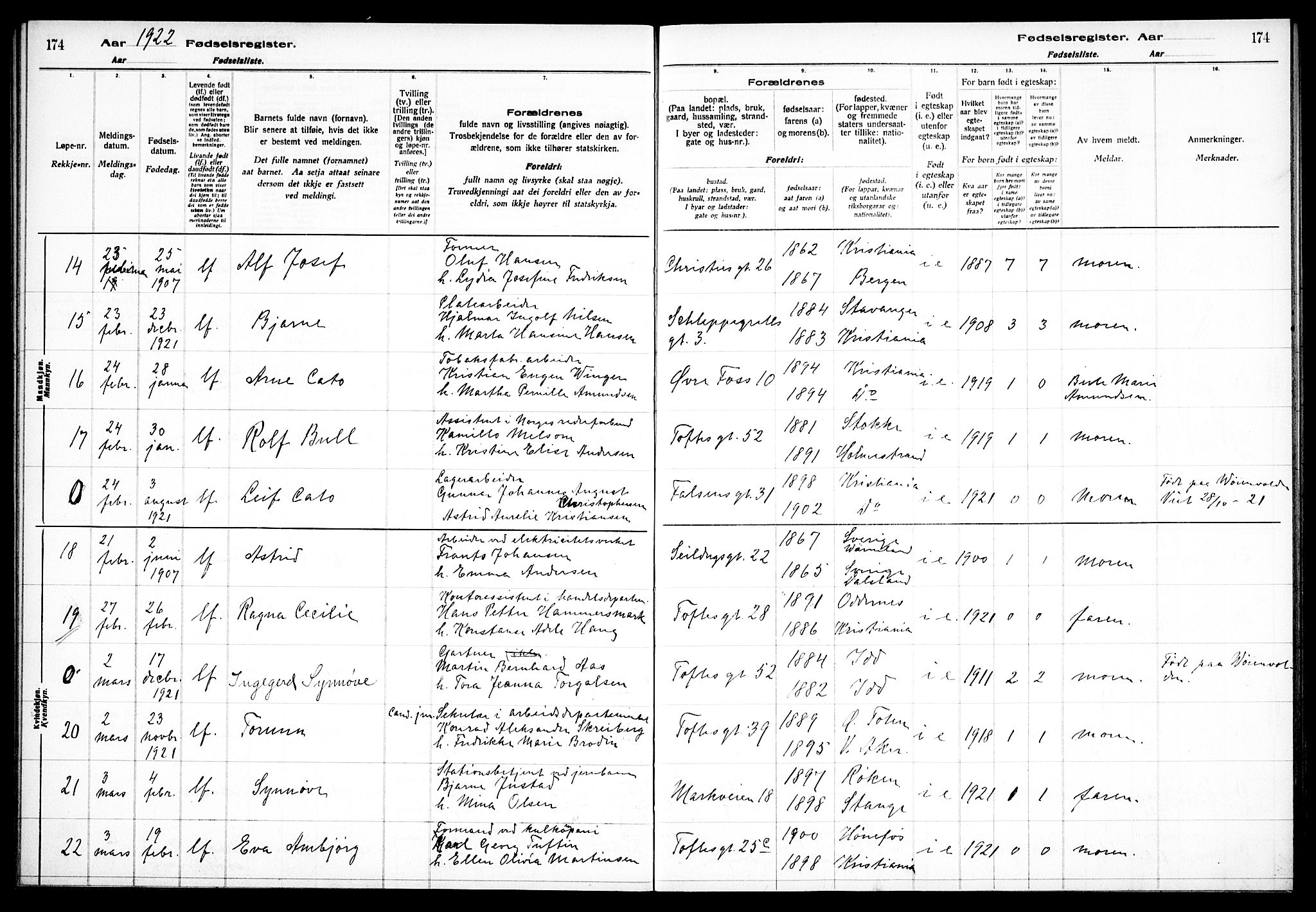 Paulus prestekontor Kirkebøker, AV/SAO-A-10871/J/Ja/L0001: Fødselsregister nr. 1, 1916-1923, s. 174