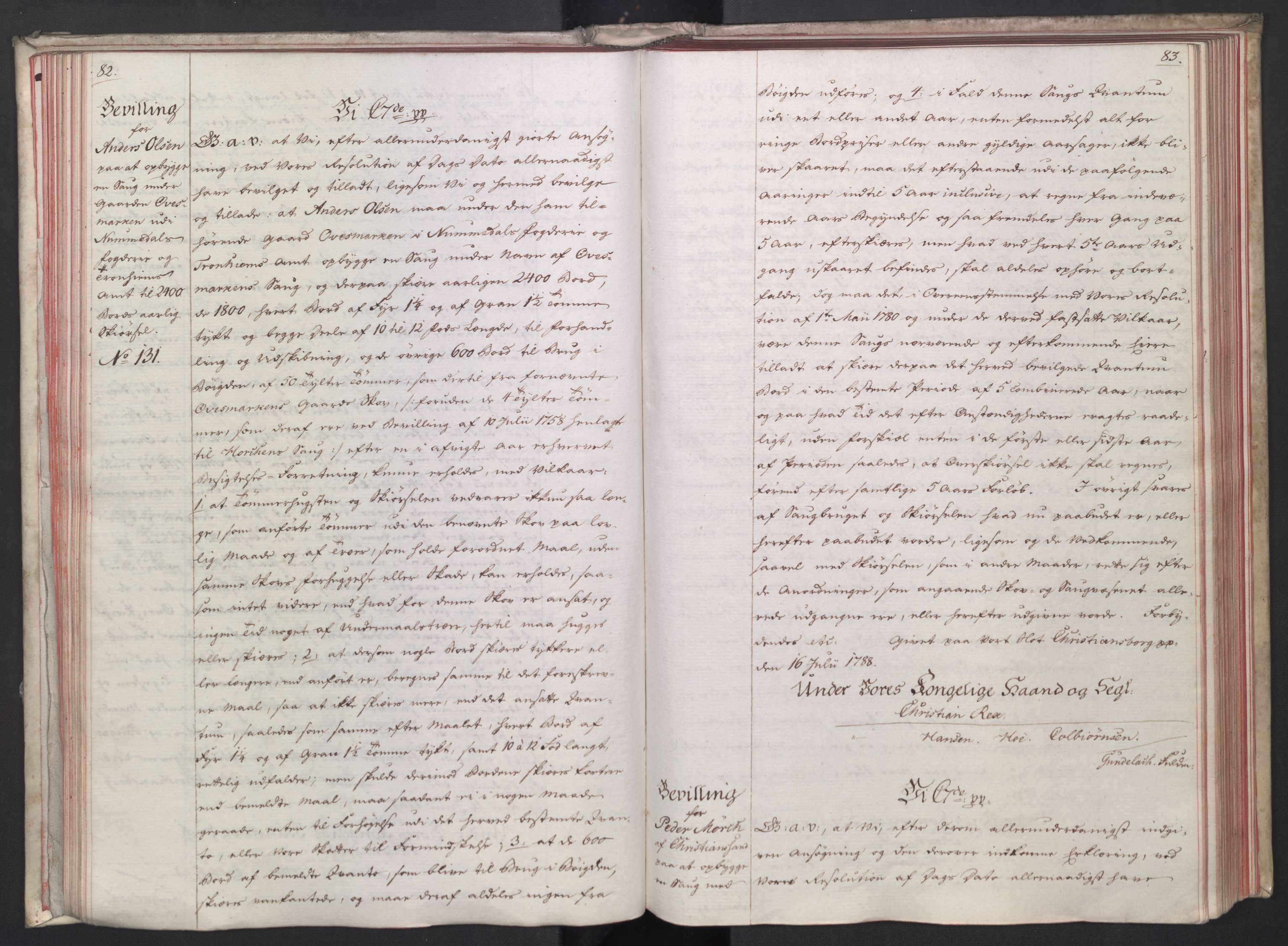 Rentekammeret, Kammerkanselliet, AV/RA-EA-3111/G/Gg/Gga/L0014: Norsk ekspedisjonsprotokoll med register (merket RK 53.14), 1787-1790, s. 82-83