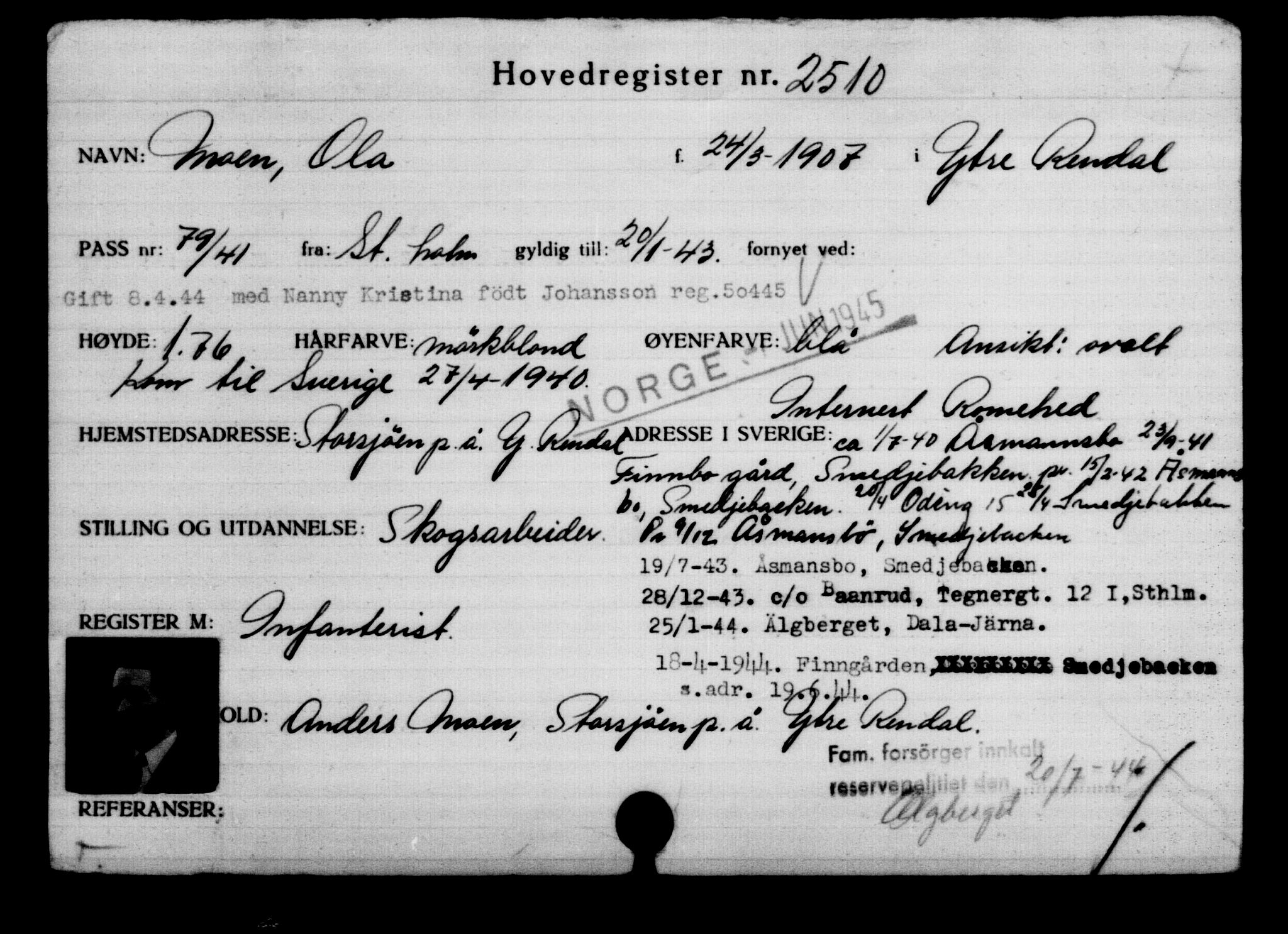 Utenriksstasjonene, Legasjonen i Stockholm, Flyktningkontoret, AV/RA-S-6753/V/Va/L0003: Kjesäterkartoteket, flyktninger med registreringsnr. 2001-3495, 1940-1945, s. 851