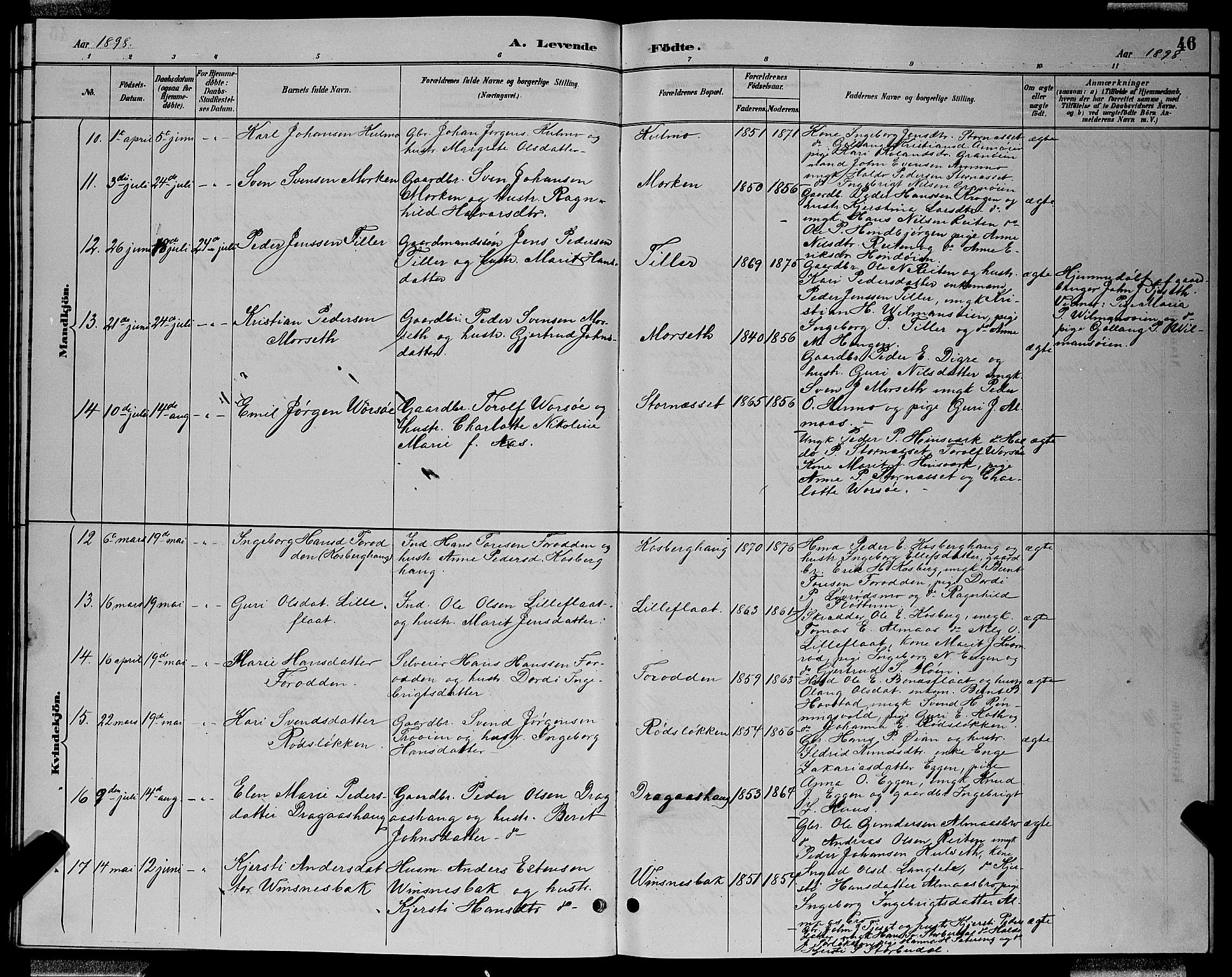 Ministerialprotokoller, klokkerbøker og fødselsregistre - Sør-Trøndelag, AV/SAT-A-1456/688/L1028: Klokkerbok nr. 688C03, 1889-1899, s. 46