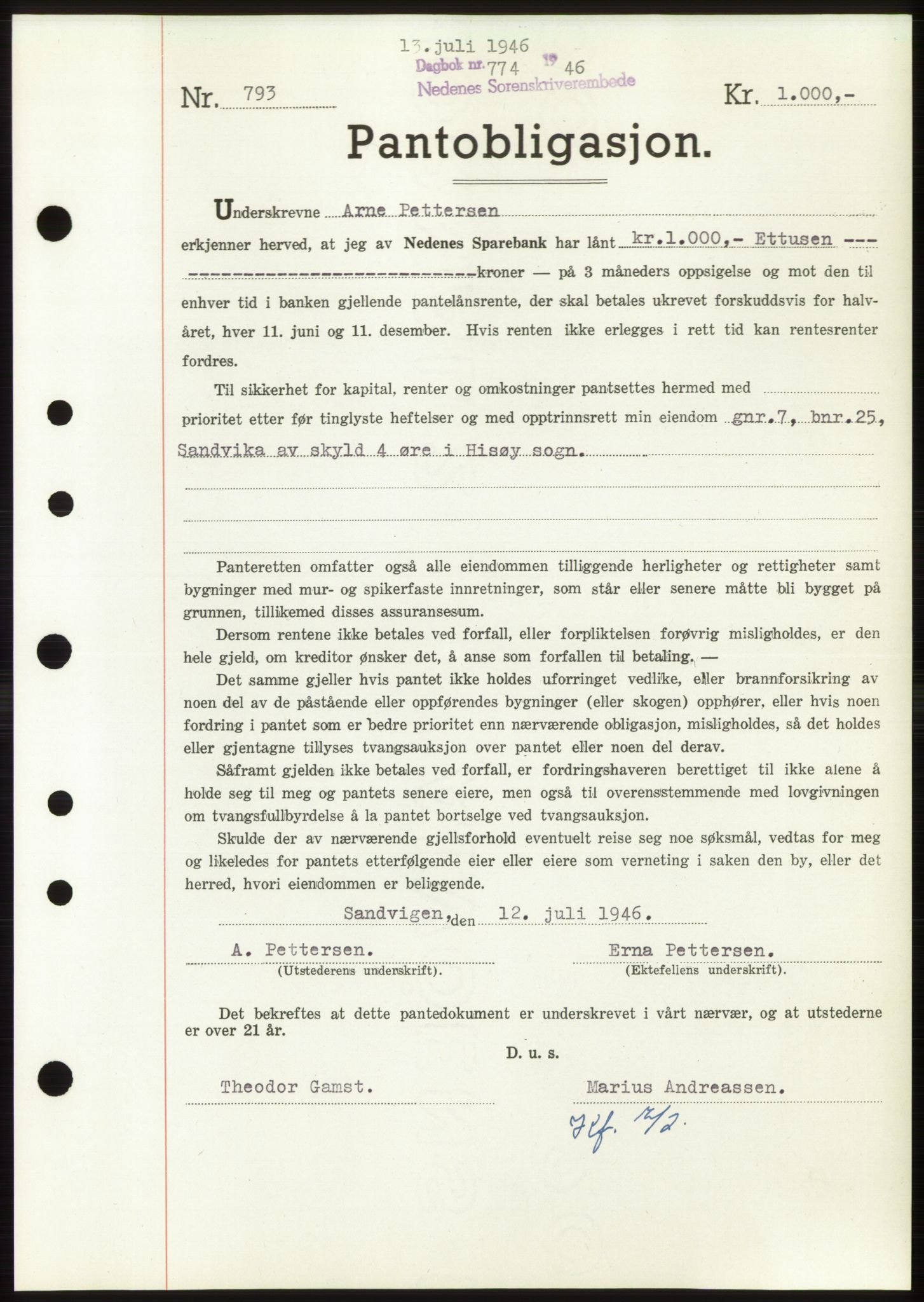 Nedenes sorenskriveri, SAK/1221-0006/G/Gb/Gbb/L0003: Pantebok nr. B3b, 1946-1946, Dagboknr: 774/1946