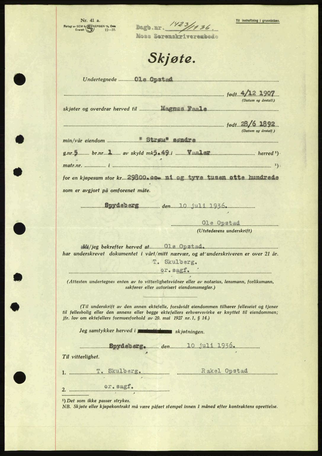 Moss sorenskriveri, SAO/A-10168: Pantebok nr. A1, 1936-1936, Dagboknr: 1423/1936
