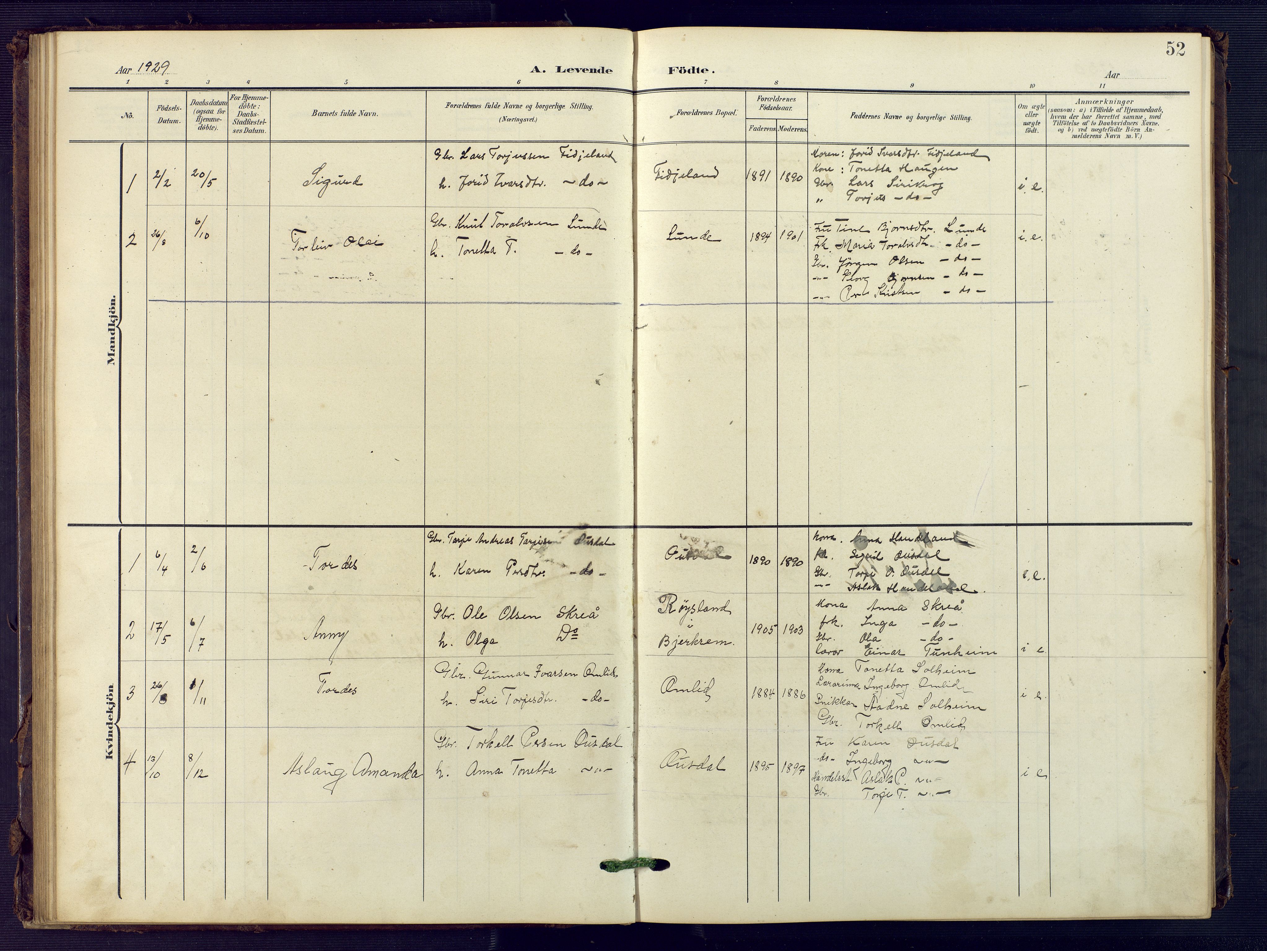 Sirdal sokneprestkontor, AV/SAK-1111-0036/F/Fb/Fba/L0002: Klokkerbok nr. B 2, 1905-1958, s. 52