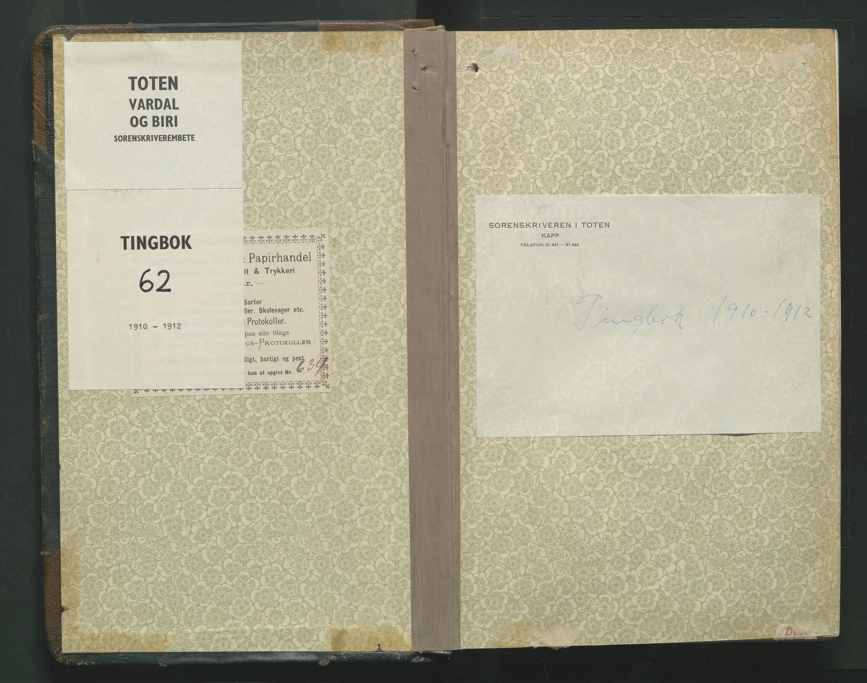 Toten tingrett, AV/SAH-TING-006/G/Gb/Gba/L0062: Tingbok, 1910-1912