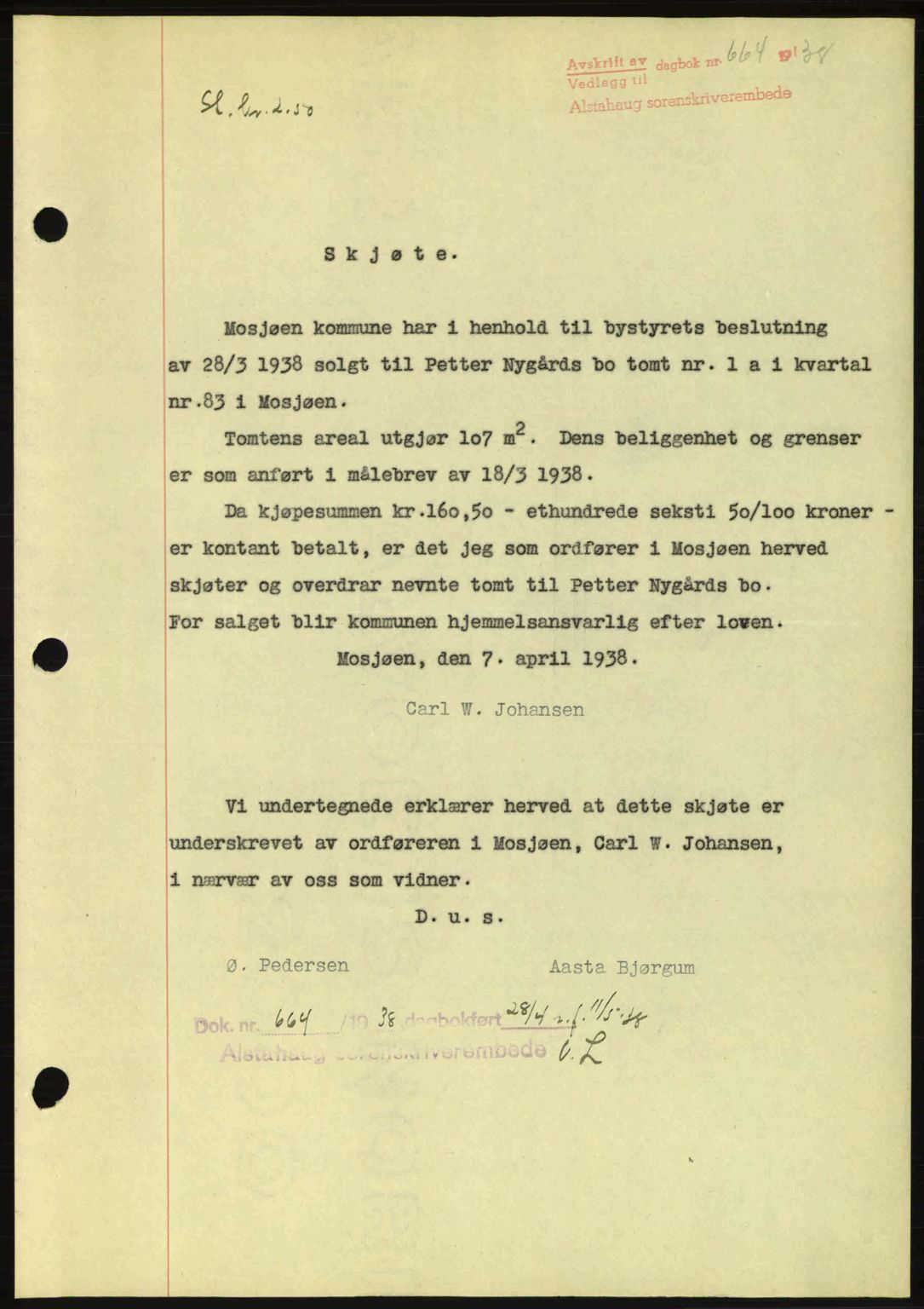 Alstahaug sorenskriveri, SAT/A-1009: Pantebok nr. A3, 1937-1938, Dagboknr: 664/1938