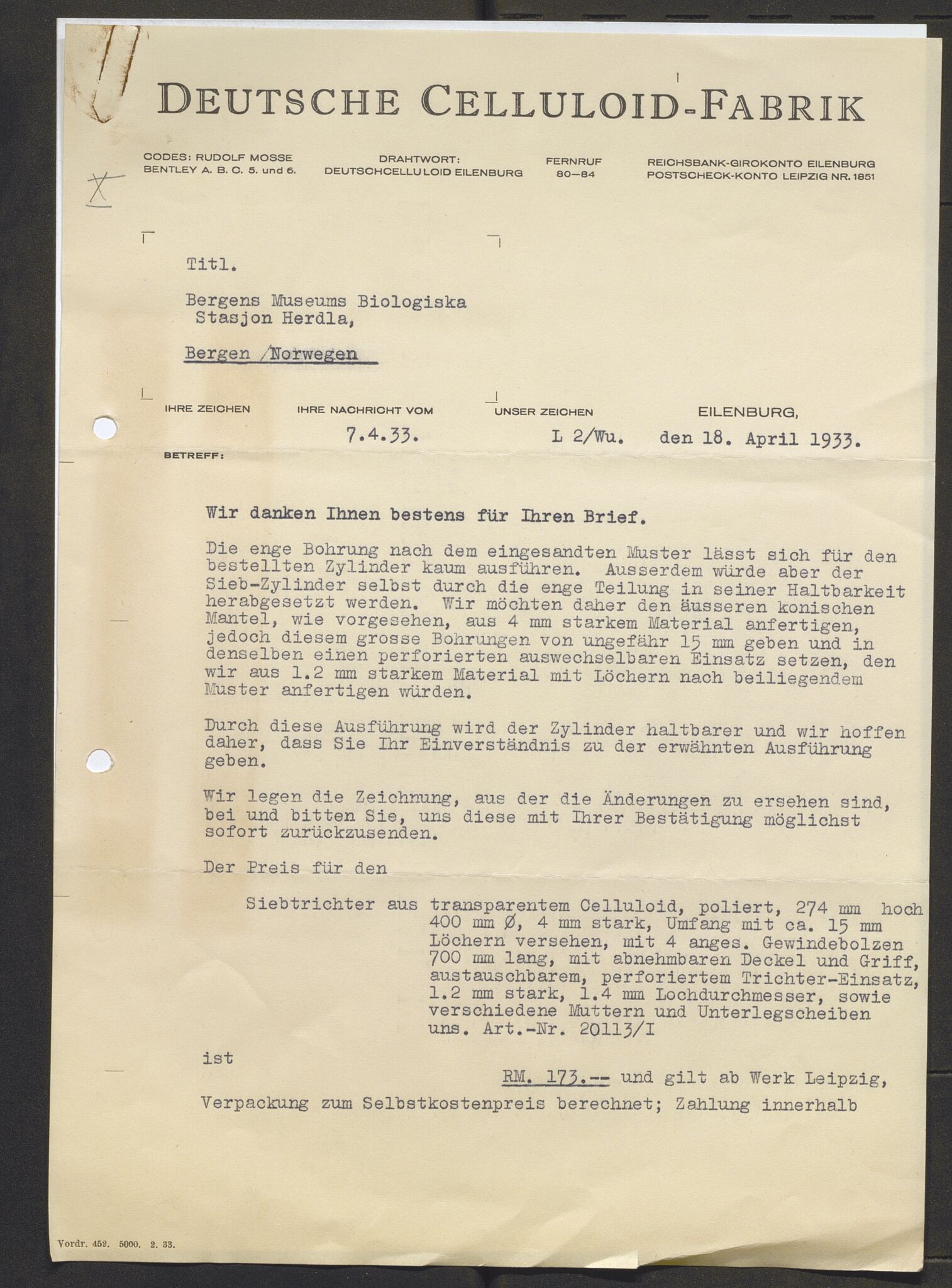 Bergens Museum, AV/SAB-A-17301/13/D/L0002: Korrespondanse , 1928-1940, s. 412