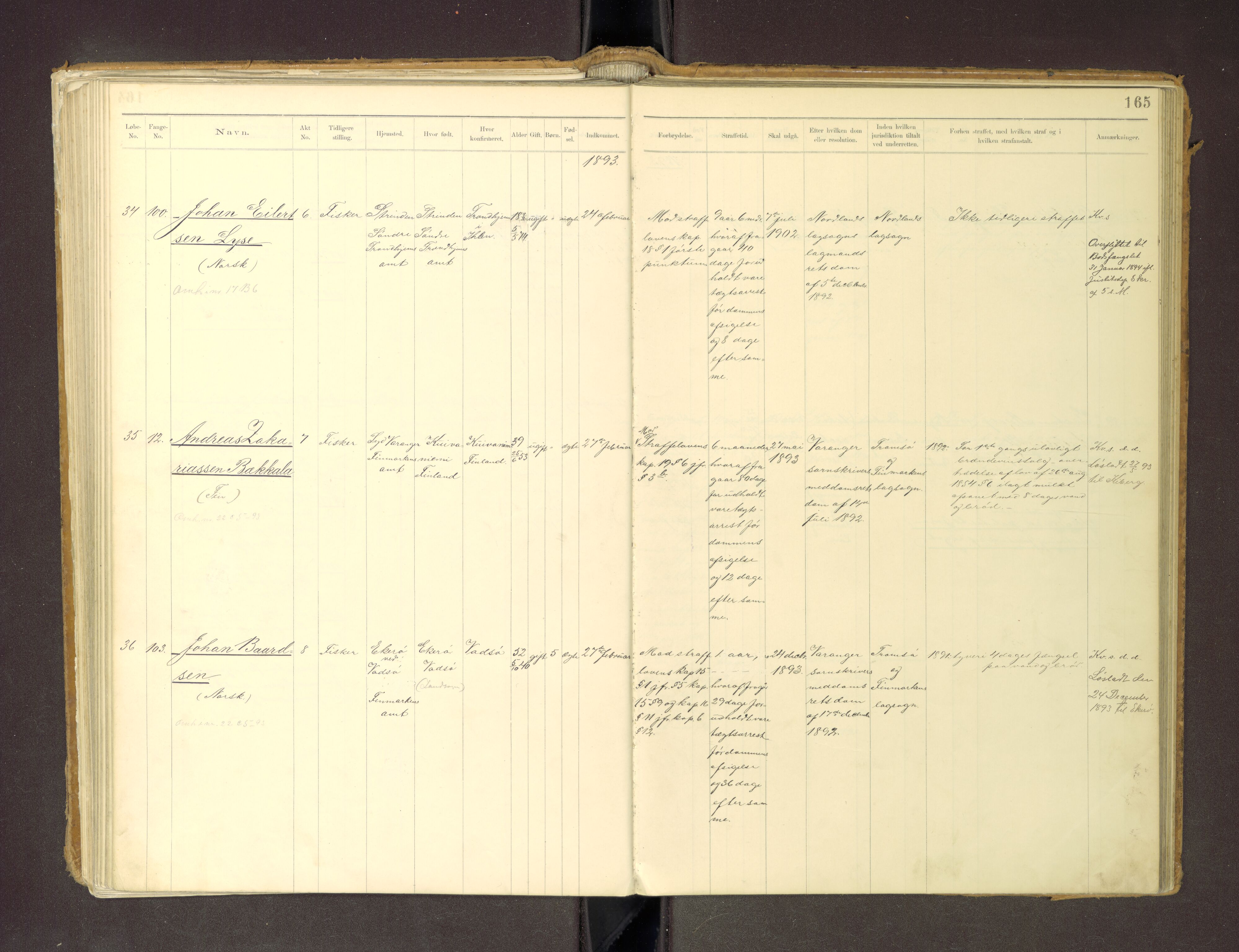 Trondheim tukthus, SAT/A-4619/05/65/L0036: 65.36 Fangeprotokoll m/reg, 1885-1898, s. 165