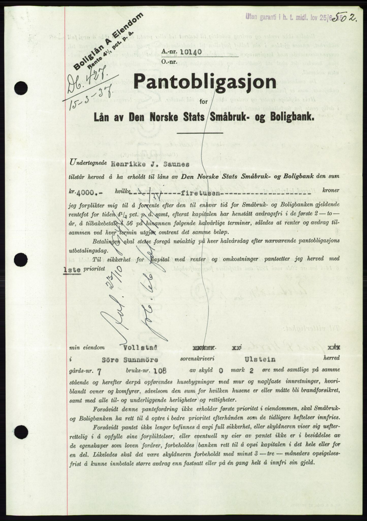 Søre Sunnmøre sorenskriveri, SAT/A-4122/1/2/2C/L0062: Pantebok nr. 56, 1936-1937, Dagboknr: 427/1937