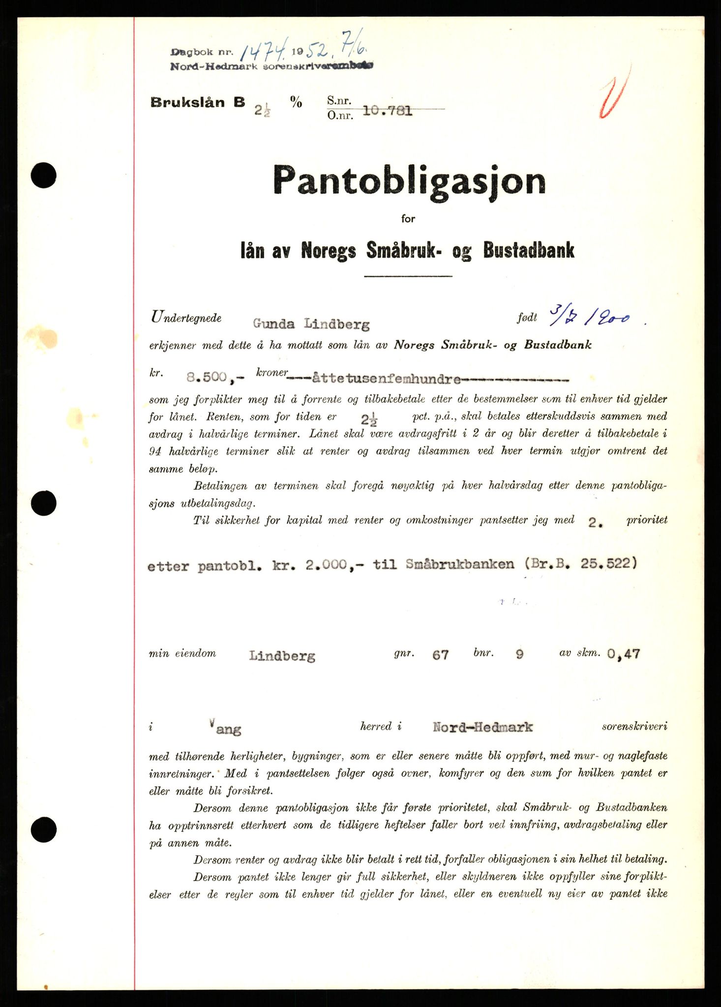 Nord-Hedmark sorenskriveri, SAH/TING-012/H/Hb/Hbf/L0025: Pantebok nr. B25, 1952-1952, Dagboknr: 1474/1952