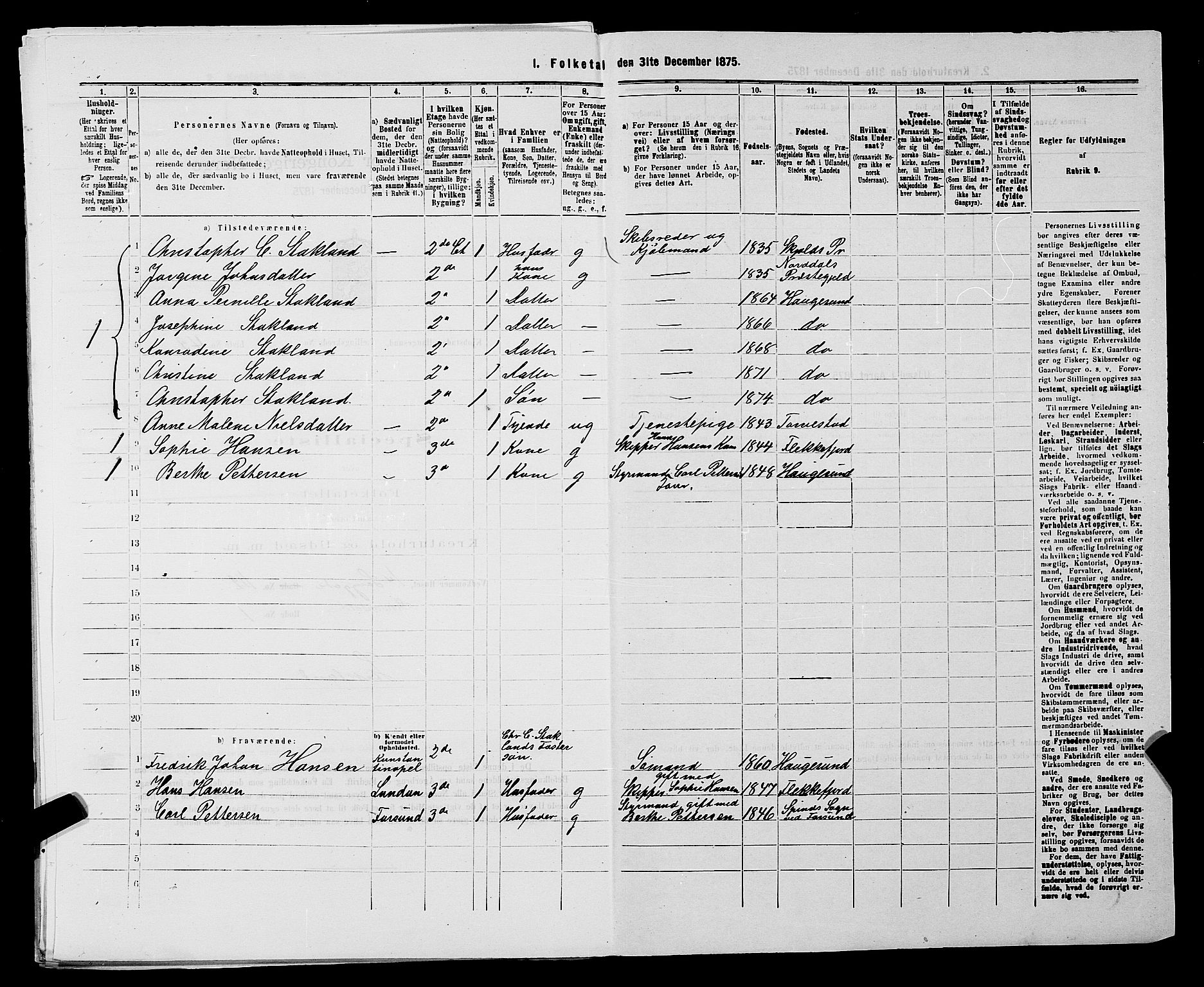 SAST, Folketelling 1875 for 1106B Torvastad prestegjeld, Haugesund kjøpstad, 1875, s. 336