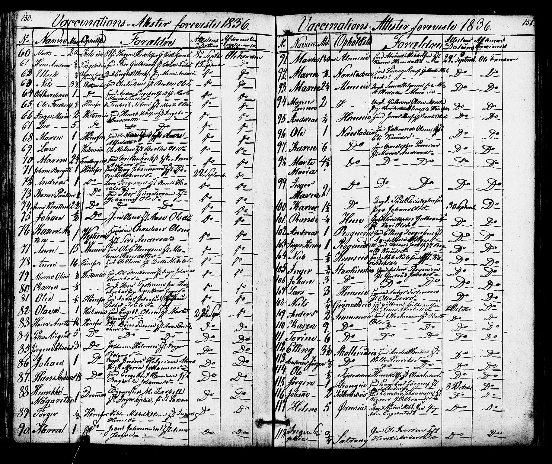 Norderhov kirkebøker, AV/SAKO-A-237/F/Fa/L0014: Vaksinasjonsprotokoll nr. 14, 1818-1853, s. 150-151