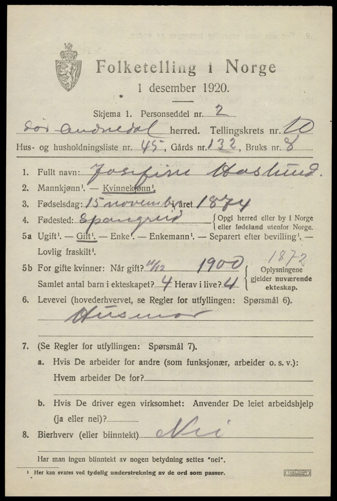 SAK, Folketelling 1920 for 1029 Sør-Audnedal herred, 1920, s. 4215