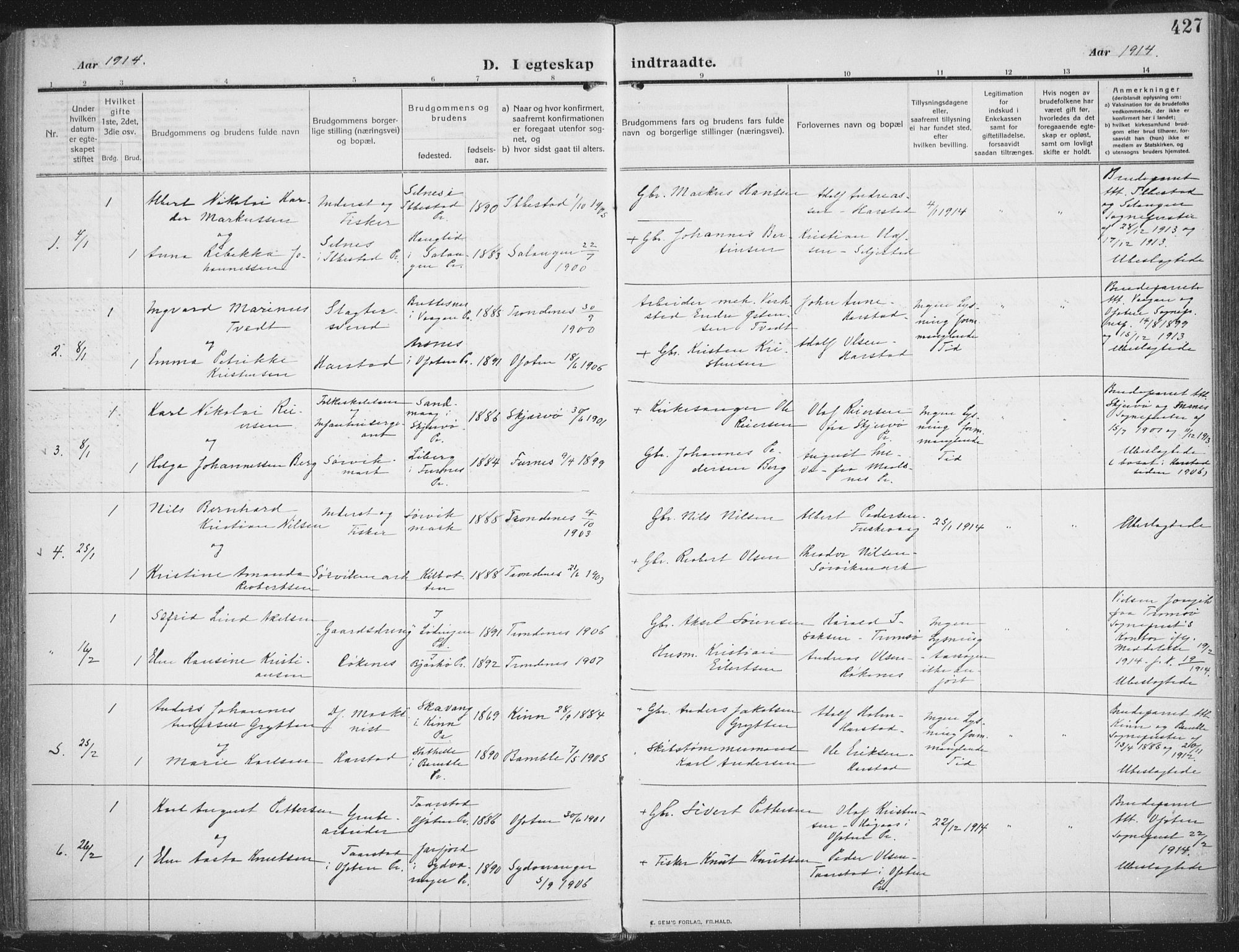 Trondenes sokneprestkontor, AV/SATØ-S-1319/H/Ha/L0018kirke: Ministerialbok nr. 18, 1909-1918, s. 427