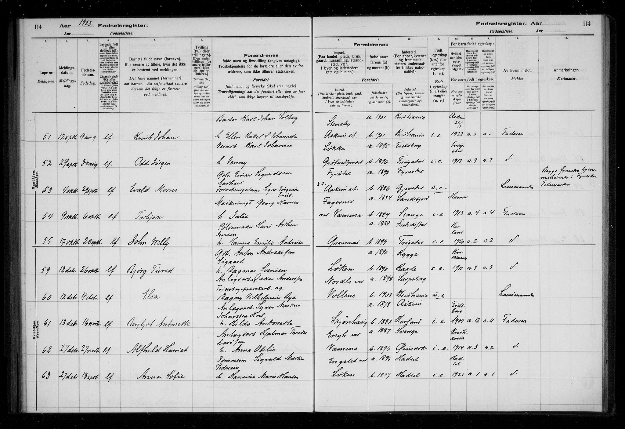 Askim prestekontor Kirkebøker, AV/SAO-A-10900/J/Ja/L0001: Fødselsregister nr. 1, 1916-1929, s. 114