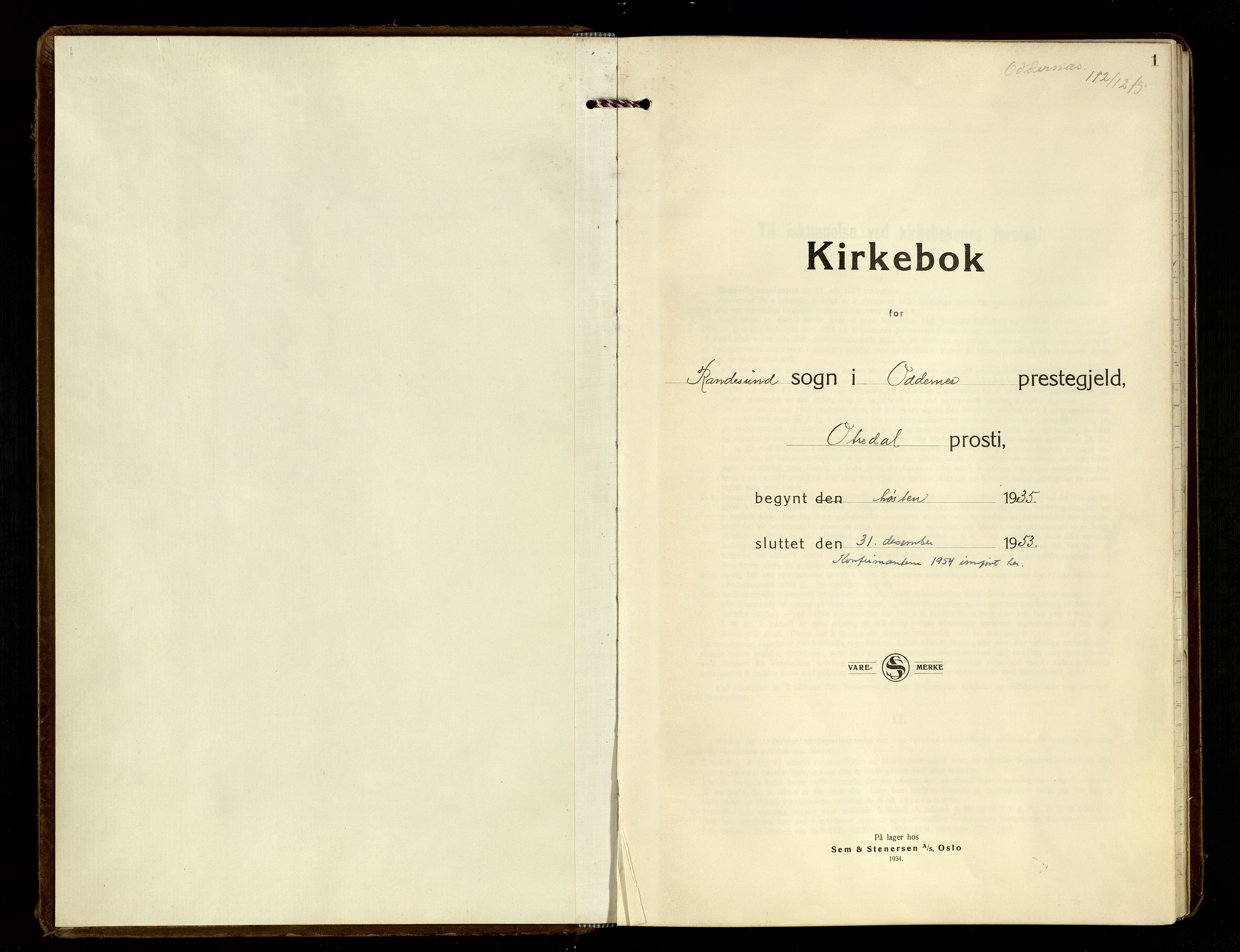 Oddernes sokneprestkontor, SAK/1111-0033/F/Fa/Fab/L0005: Ministerialbok nr. A 5, 1935-1954, s. 1