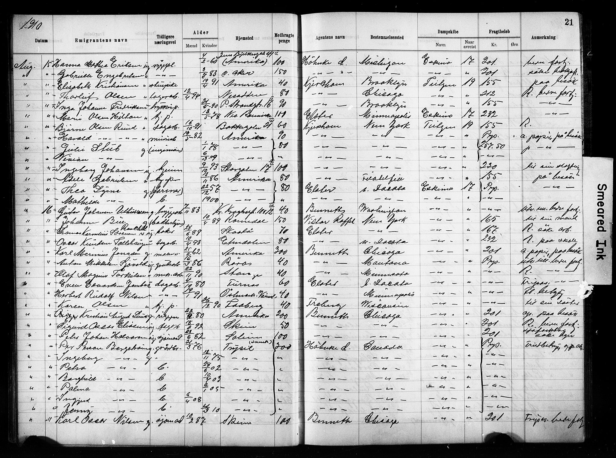 Oslo politidistrikt, AV/SAO-A-10085/E/Ee/Eef/L0029: Emigrantprotokoll, 1910-1913, s. 21
