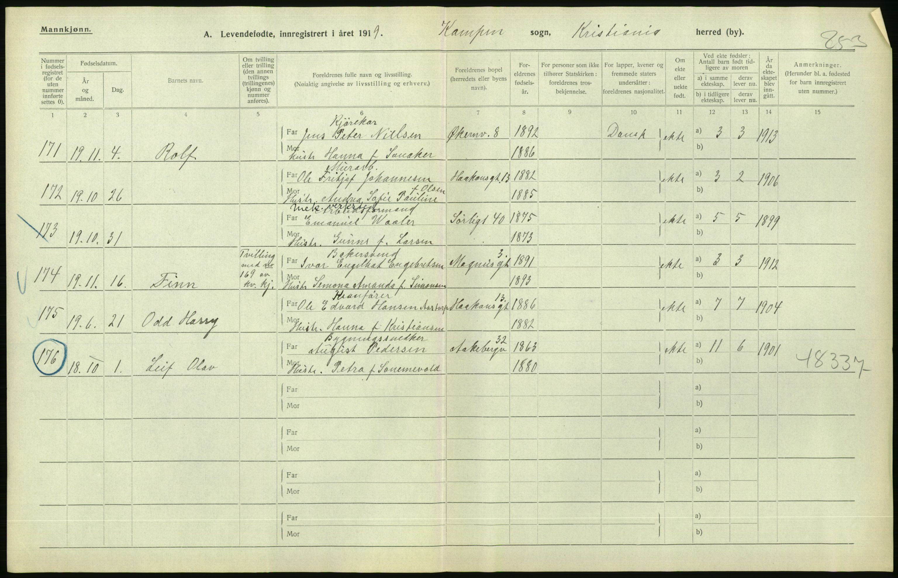 Statistisk sentralbyrå, Sosiodemografiske emner, Befolkning, AV/RA-S-2228/D/Df/Dfb/Dfbi/L0008: Kristiania: Levendefødte menn og kvinner., 1919