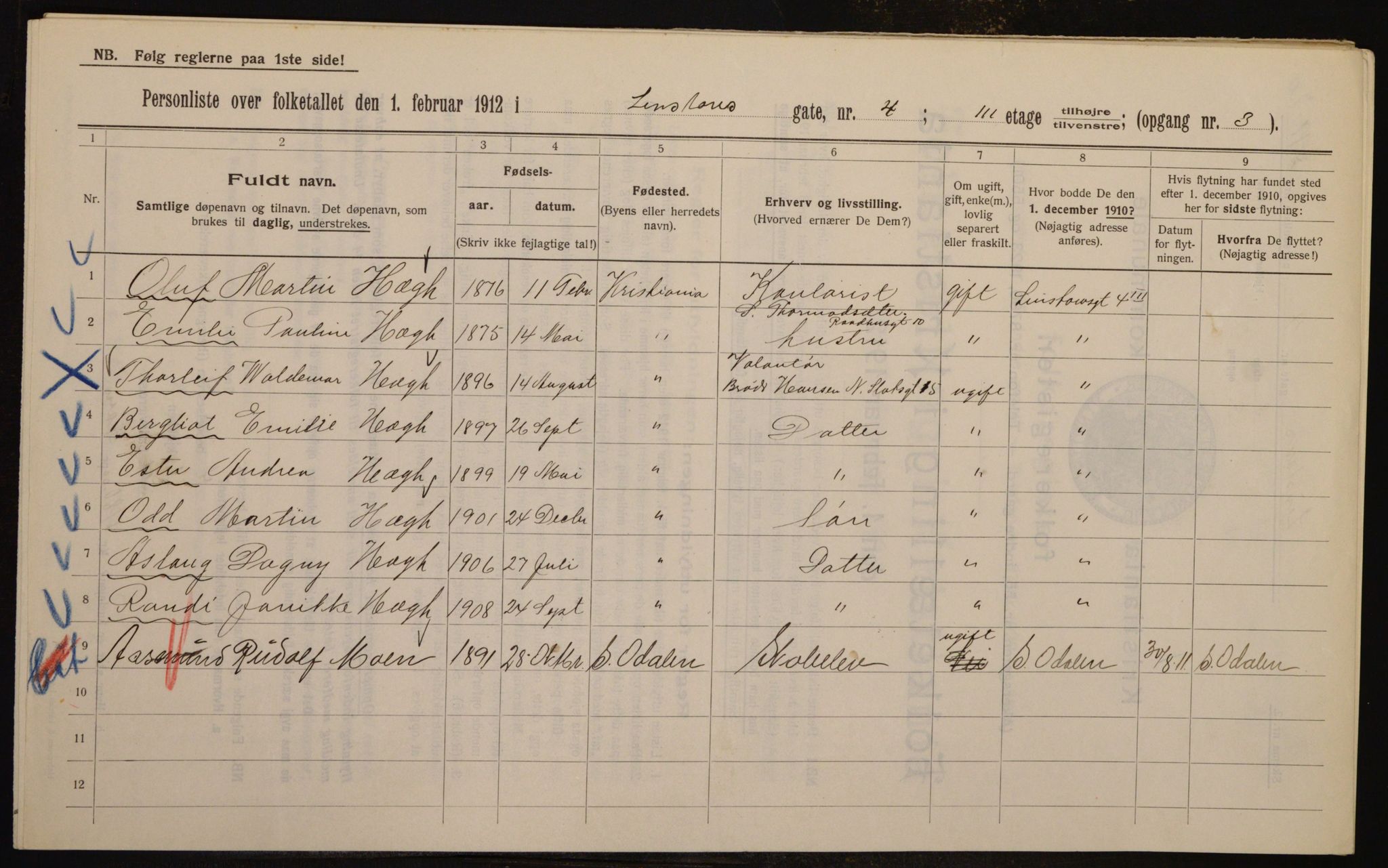 OBA, Kommunal folketelling 1.2.1912 for Kristiania, 1912, s. 58057