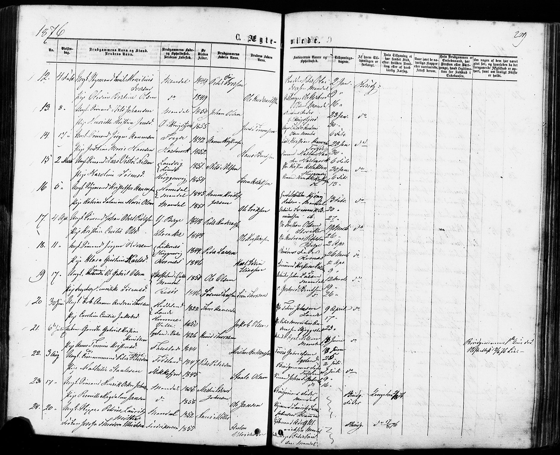 Mandal sokneprestkontor, AV/SAK-1111-0030/F/Fa/Faa/L0015: Ministerialbok nr. A 15, 1873-1879, s. 209