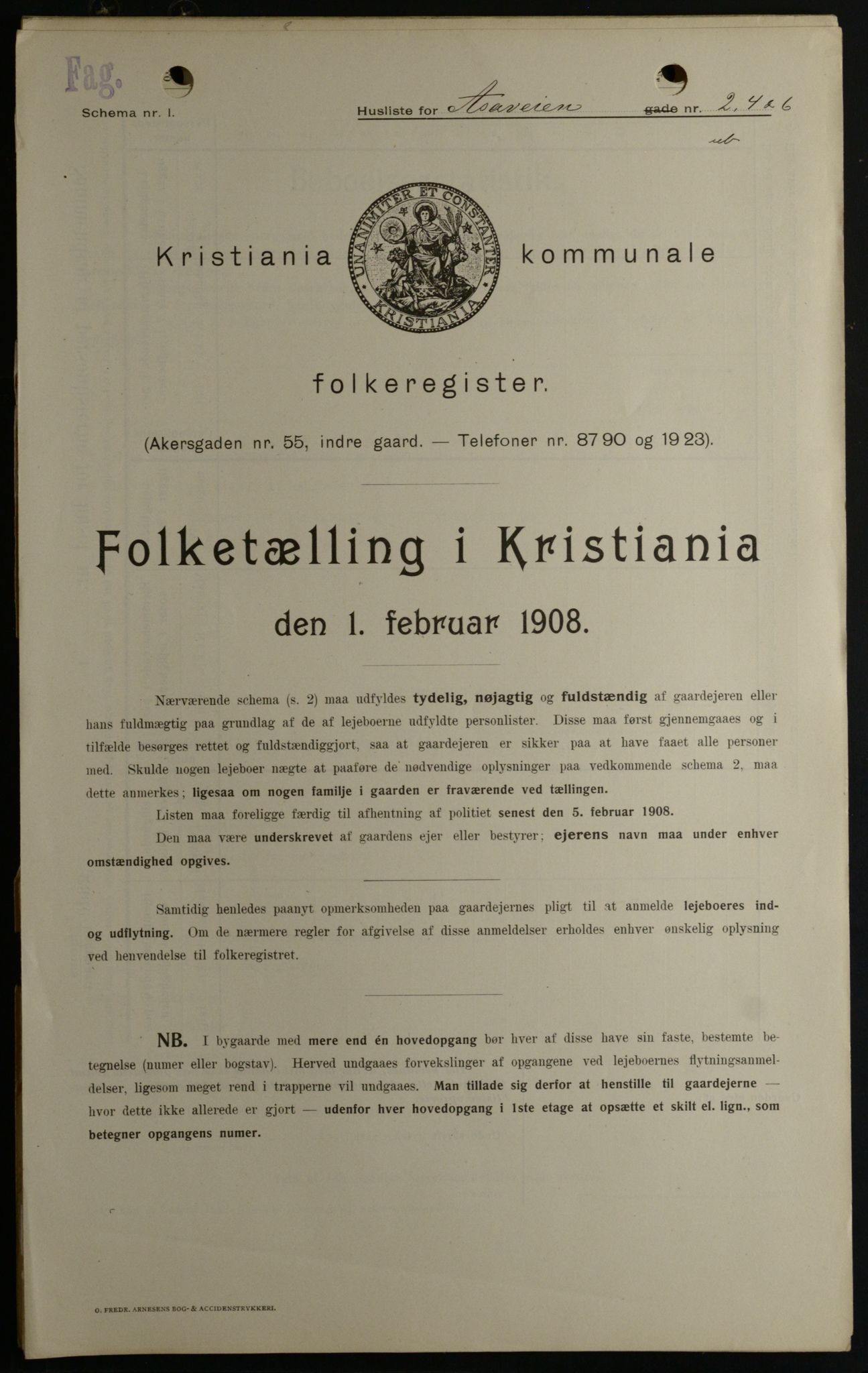 OBA, Kommunal folketelling 1.2.1908 for Kristiania kjøpstad, 1908, s. 117583