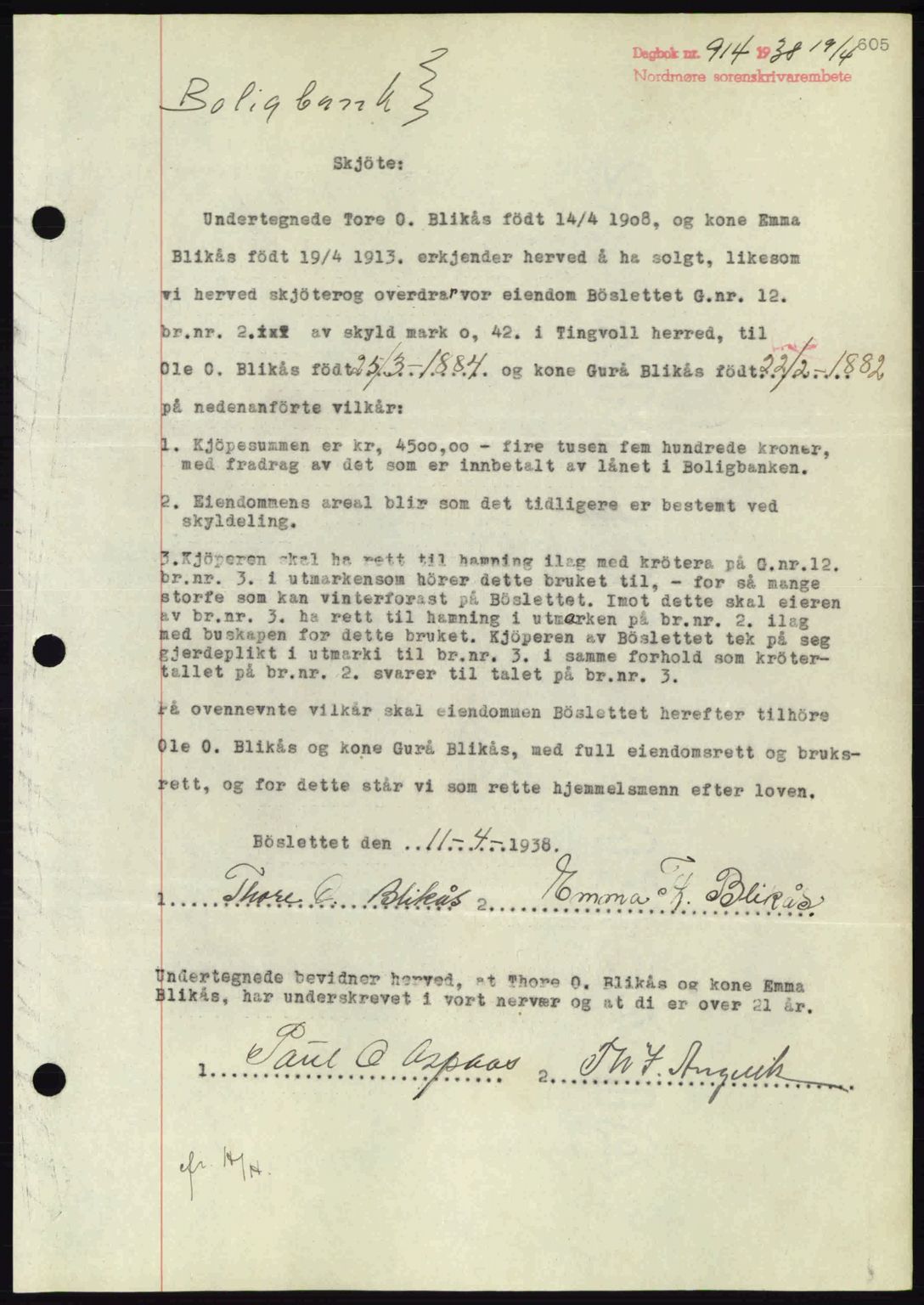 Nordmøre sorenskriveri, SAT/A-4132/1/2/2Ca: Pantebok nr. A83, 1938-1938, Dagboknr: 914/1938