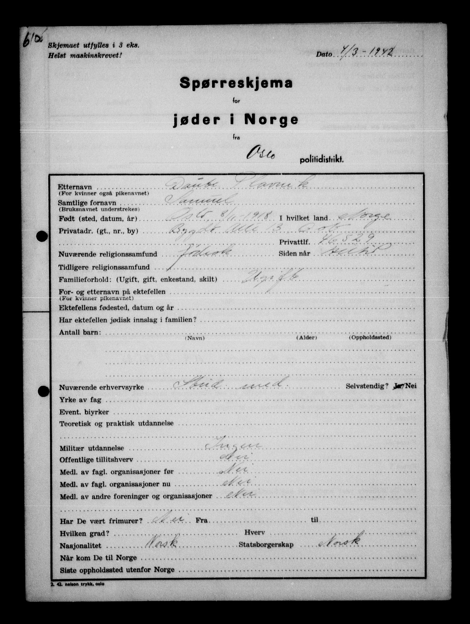 Statspolitiet - Hovedkontoret / Osloavdelingen, AV/RA-S-1329/G/Ga/L0011: Spørreskjema for jøder i Norge. 1: Oslo 610-806 (Plavnik-Zwillinger). 2: Aker 1-113 (Adler-Lewin). , 1942, s. 3