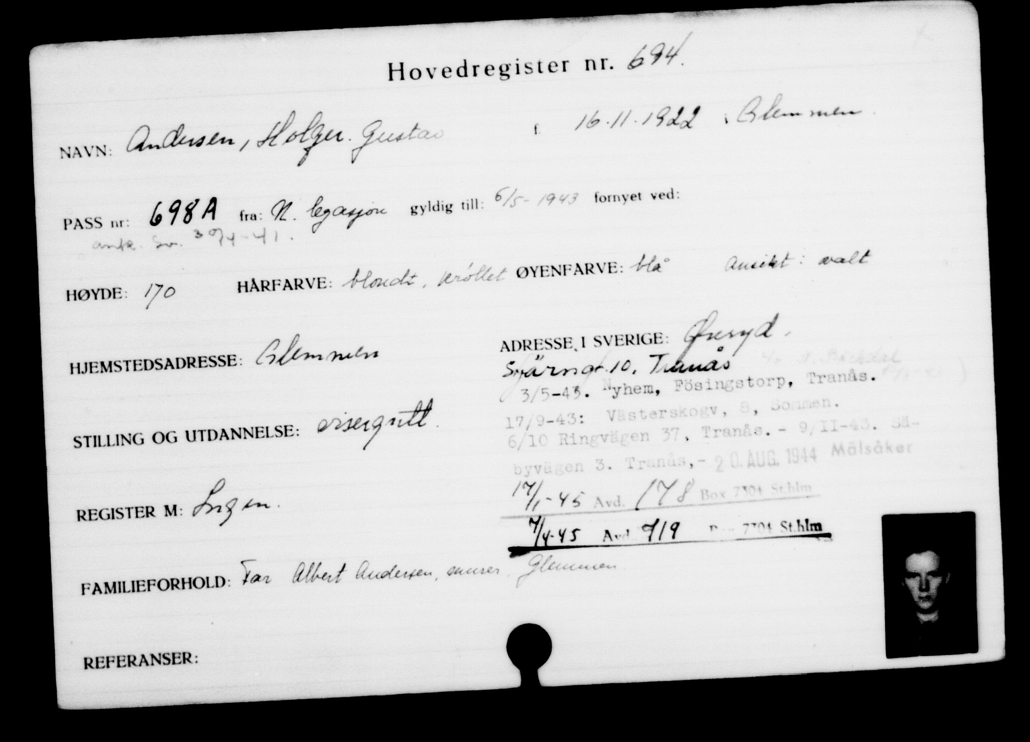 Utenriksstasjonene, Legasjonen i Stockholm, Flyktningkontoret, AV/RA-S-6753/V/Va/L0001: Kjesäterkartoteket, flyktninger med registreringsnr. 1-1000, 1940-1945, s. 1088