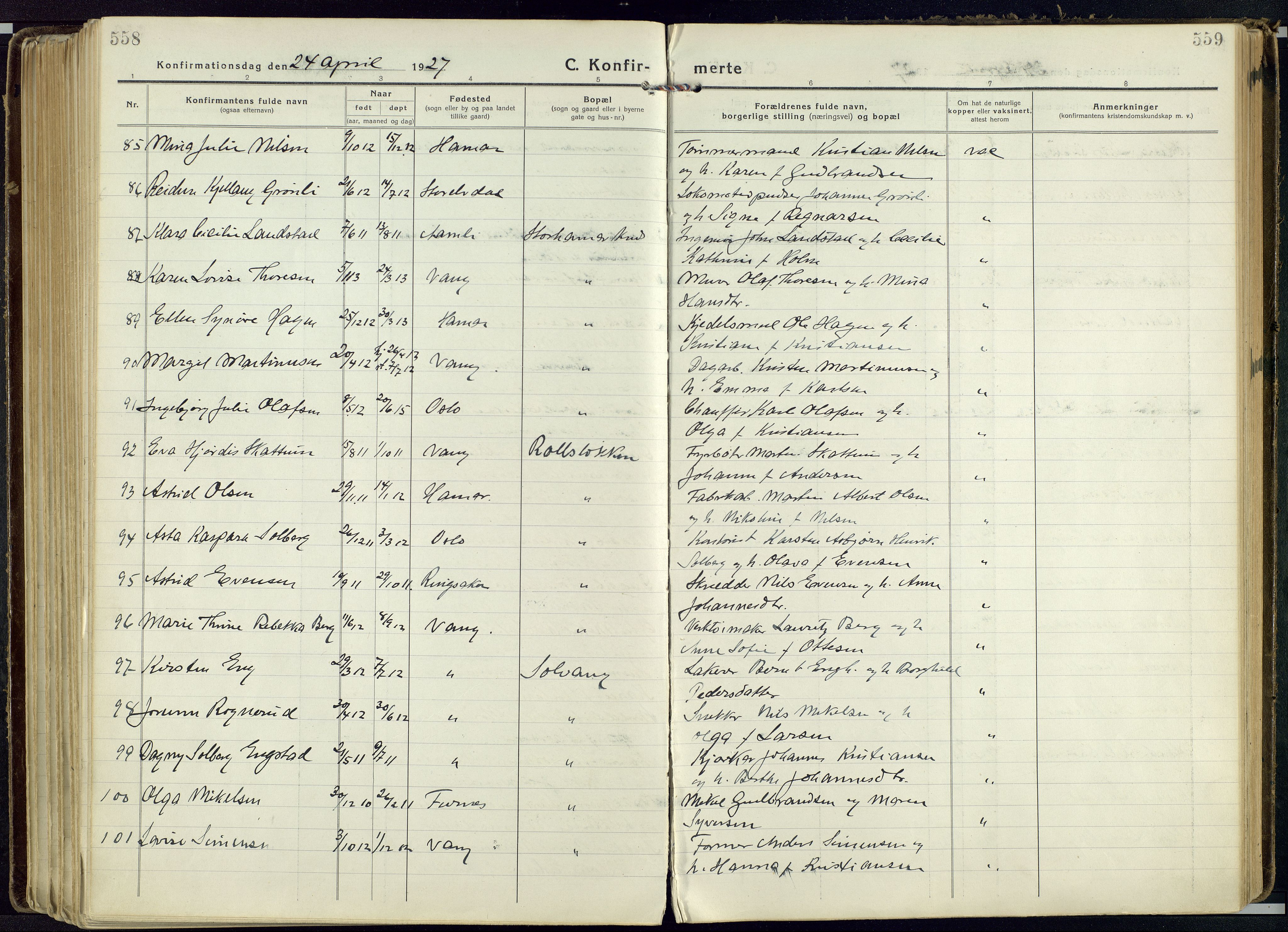 Vang prestekontor, Hedmark, AV/SAH-PREST-008/H/Ha/Haa/L0022: Ministerialbok nr. 22, 1918-1944, s. 558-559