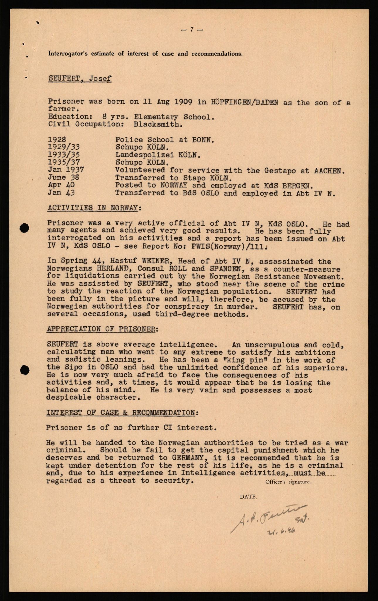 Forsvaret, Forsvarets overkommando II, RA/RAFA-3915/D/Db/L0032: CI Questionaires. Tyske okkupasjonsstyrker i Norge. Tyskere., 1945-1946, s. 41