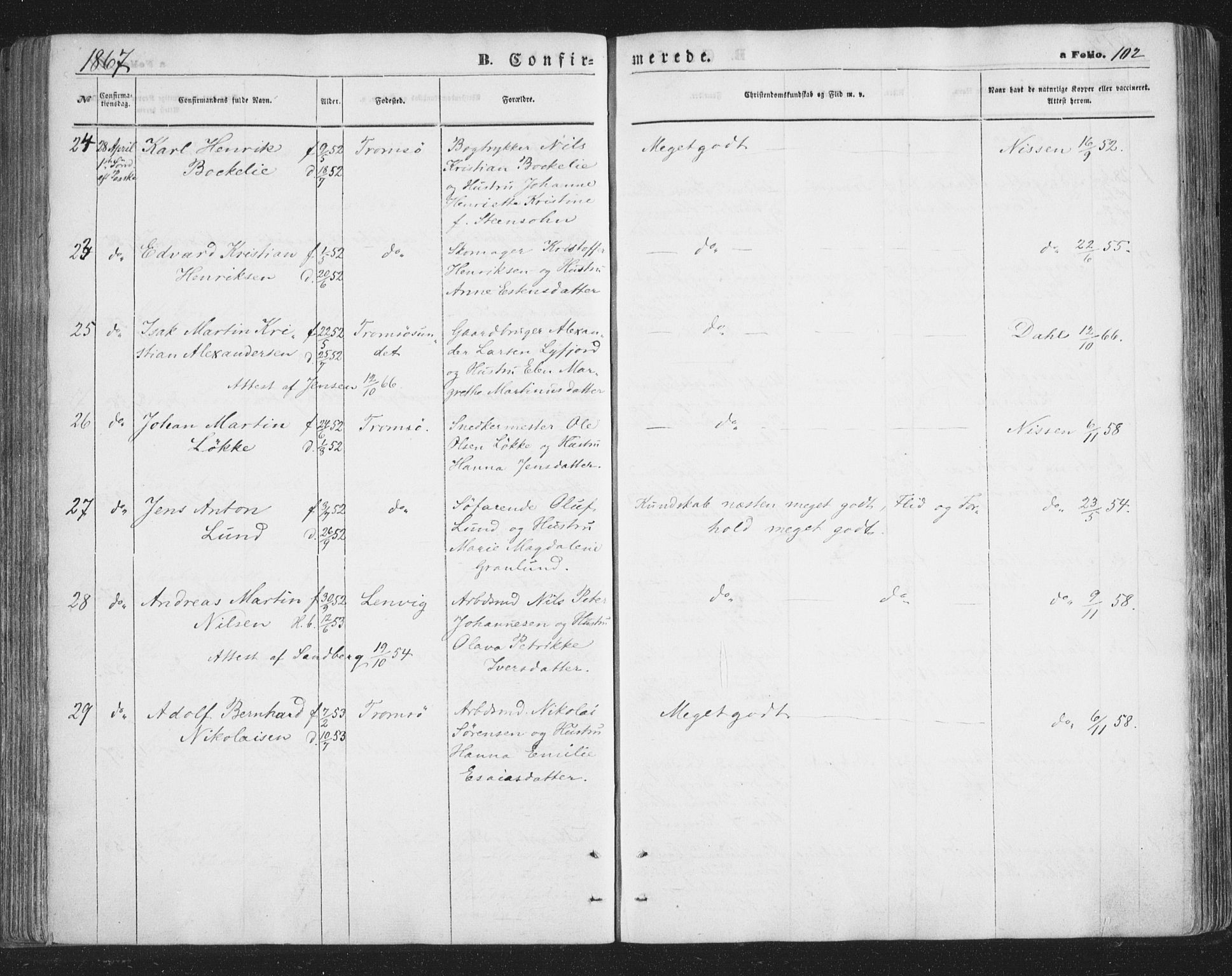 Tromsø sokneprestkontor/stiftsprosti/domprosti, AV/SATØ-S-1343/G/Ga/L0012kirke: Ministerialbok nr. 12, 1865-1871, s. 102