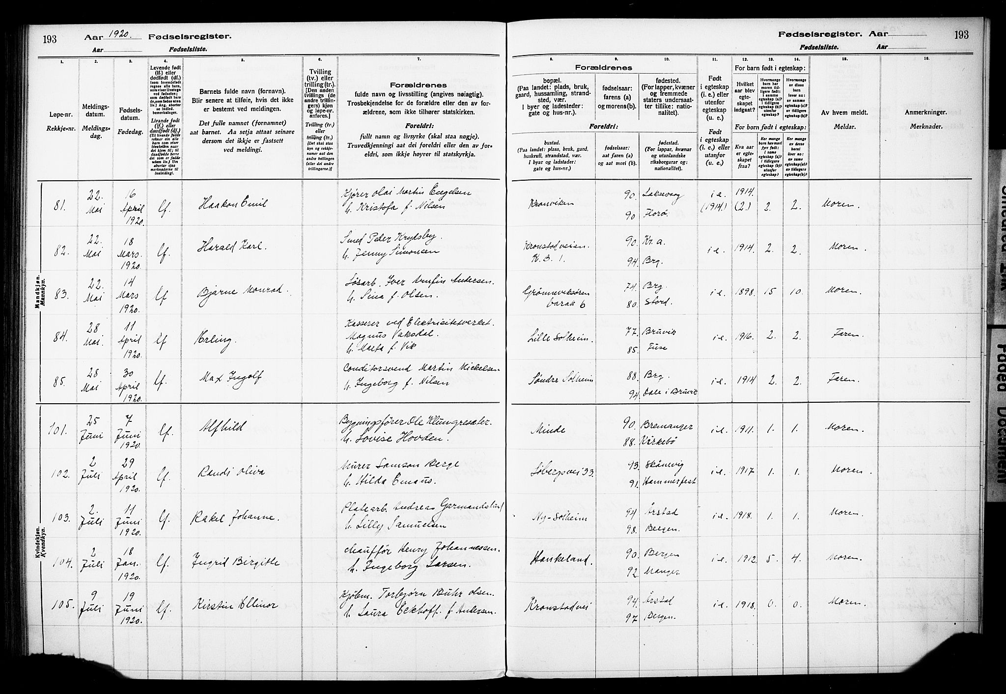 Årstad Sokneprestembete, SAB/A-79301/I/Id/L0A01: Fødselsregister nr. A 1, 1916-1920, s. 193